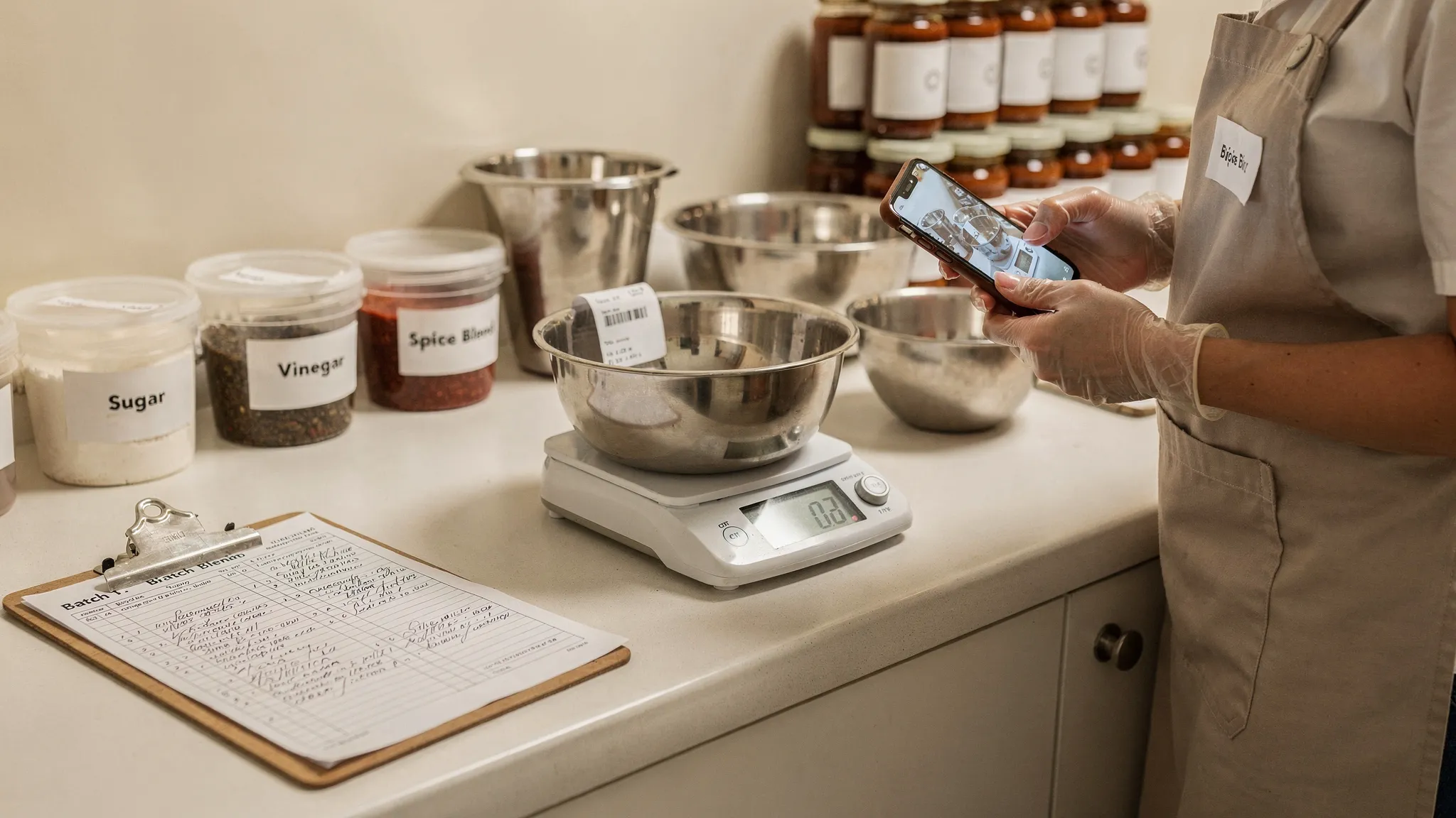 Kitchen bench with scale, batch sheet, and worker scanning lot label