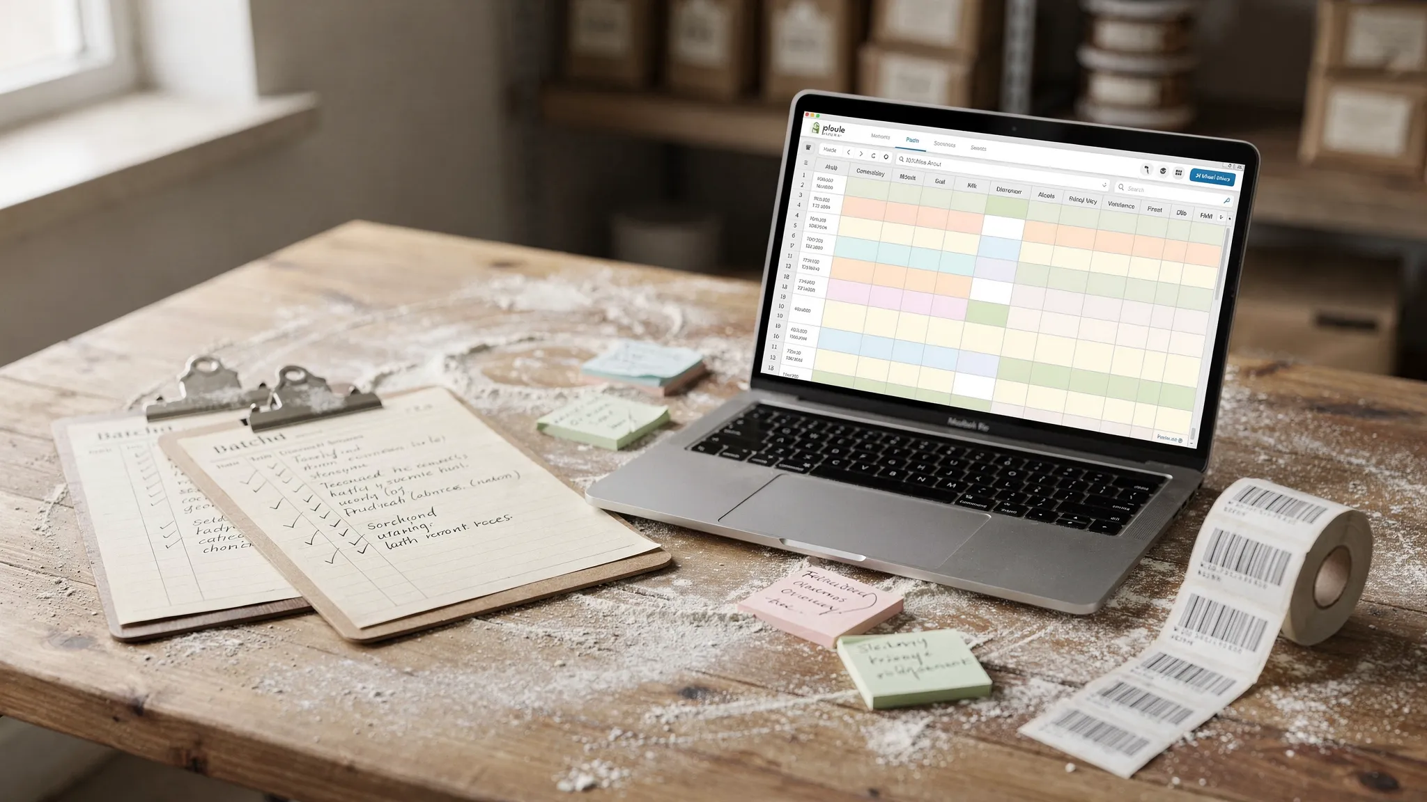 Flour-dusted worktable with clipboards full of handwritten batch logs next to a laptop open to a color-coded inventory spreadsheet; sticky notes and a barcode label roll scattered, capturing the contrast between paper and digital in a small food production space.