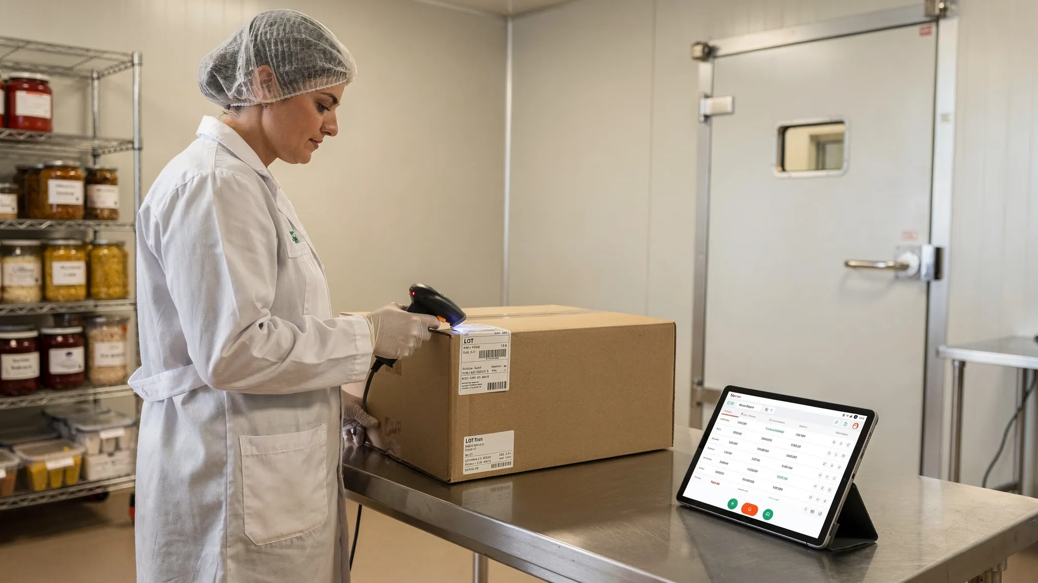 Operator scanning a freshly printed lot label on a case in a small food production room with stainless tables, while a tablet shows real-time inventory by lot and expiry; shelves of ingredients and a walk-in cooler door in the background.