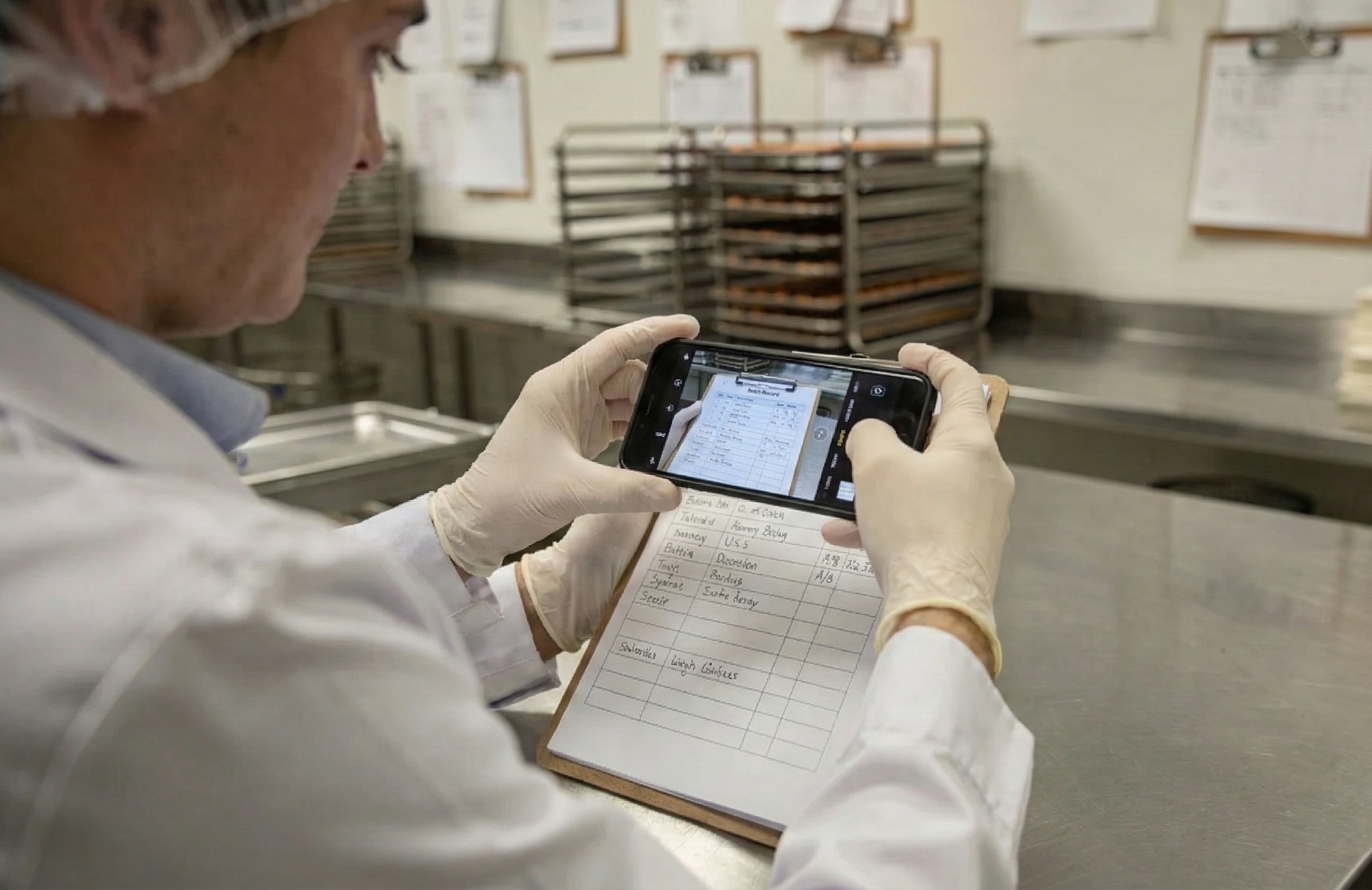 Food production worker snapping a photo of a batch sheet