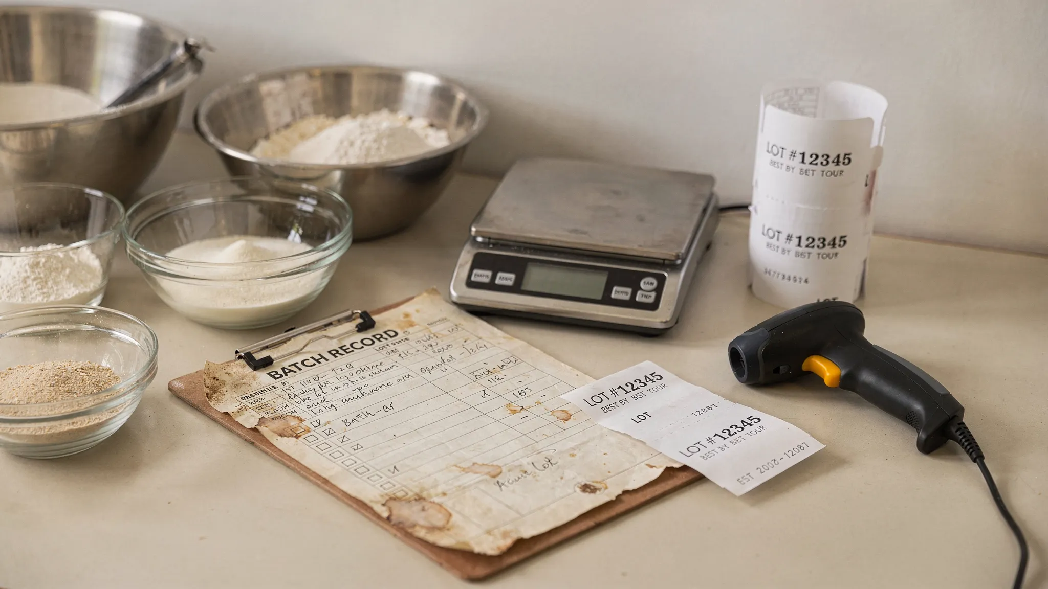 A small food production bench with a stained batch sheet on a clipboard, bowls of measured ingredients, a scale, printed lot labels, and a handheld barcode scanner, conveying the reality of paper-first workflows.
