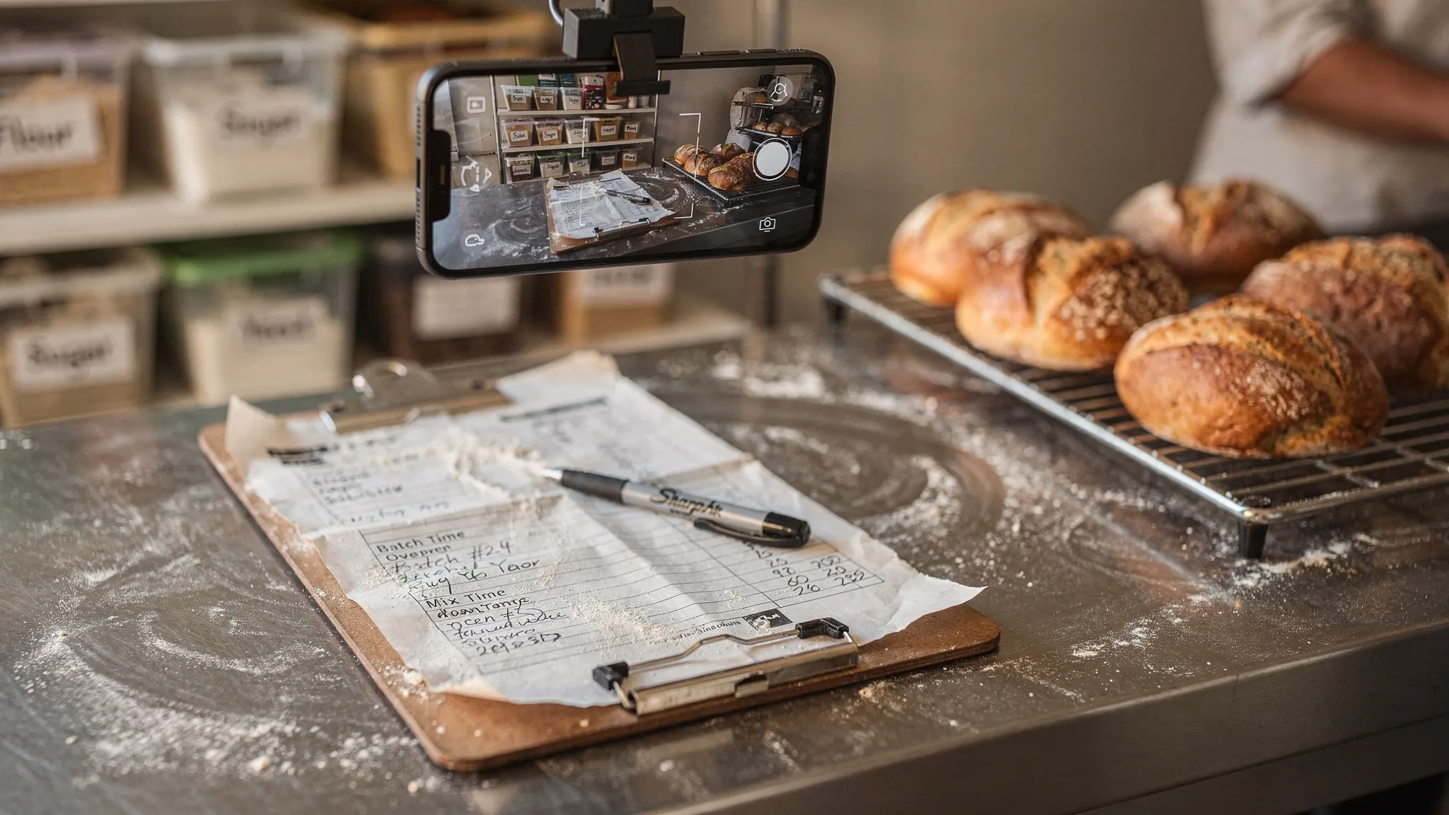 A stainless table with a flour-dusted clipboard holding a crumpled batch sheet, a sharpie, and a phone hovering above to take a photo. A tray of cooling loaves and labeled ingredient bins sit in the background, showing a busy, real-world production environment.