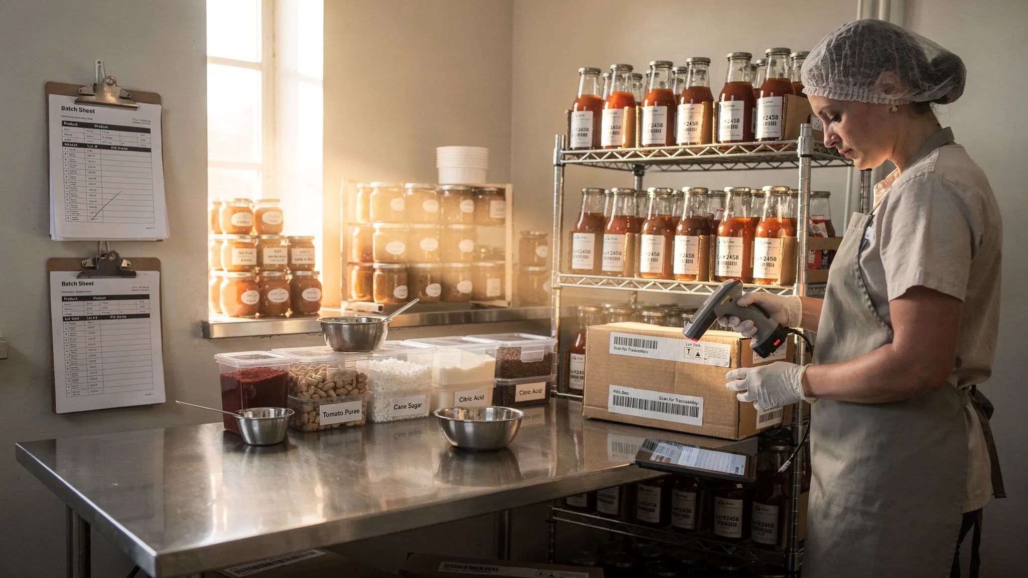 A small sauce and beverage kitchen during early-morning prep, with a stainless prep table, clipboards holding batch sheets, ingredient bins with clear labels, a rolling rack of finished goods by lot number, and a worker scanning a printed lot label on a case with a handheld barcode scanner.