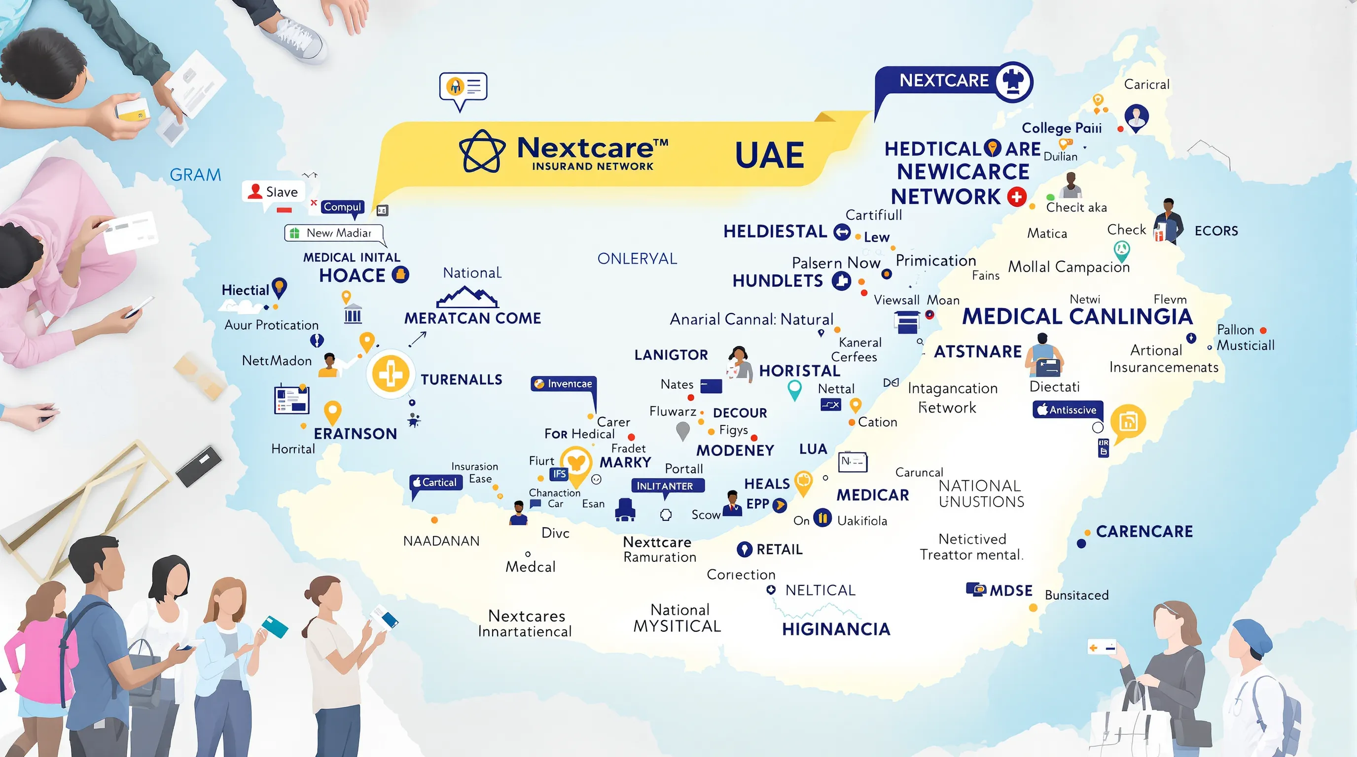 Illustrated UAE map highlighting major cities with medical icons marking Nextcare Insurance network hospitals, surrounded by expats and nationals holding digital insurance cards.