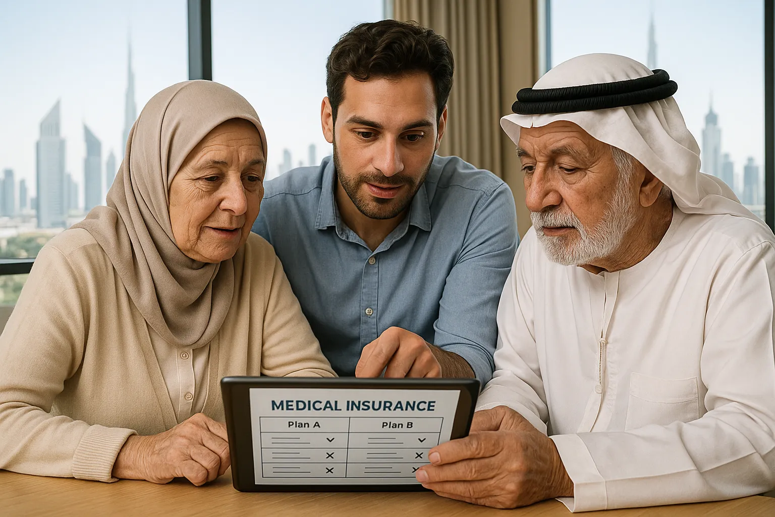 Illustration of an adult child helping their elderly parents compare medical insurance plans on a tablet, with UAE skyline visible through a window.