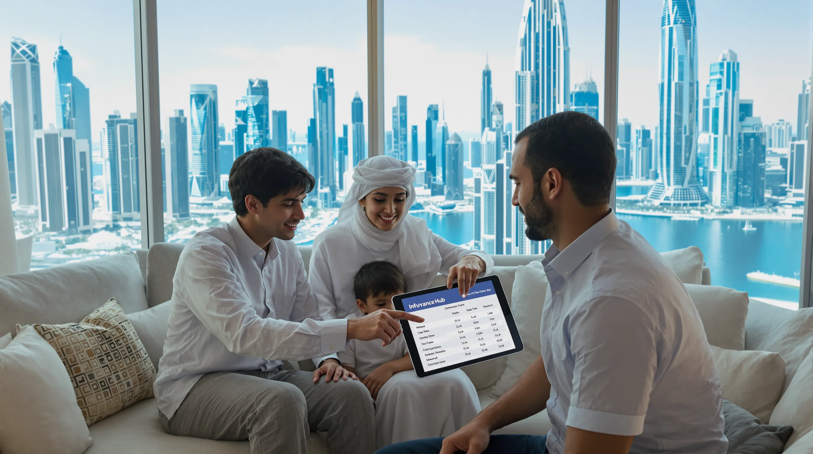 An Emirati family reviews health insurance documents on a tablet while seated in a bright Dubai living room; the father points at the screen showing an InsuranceHub comparison table, with the city skyline visible through large windows.