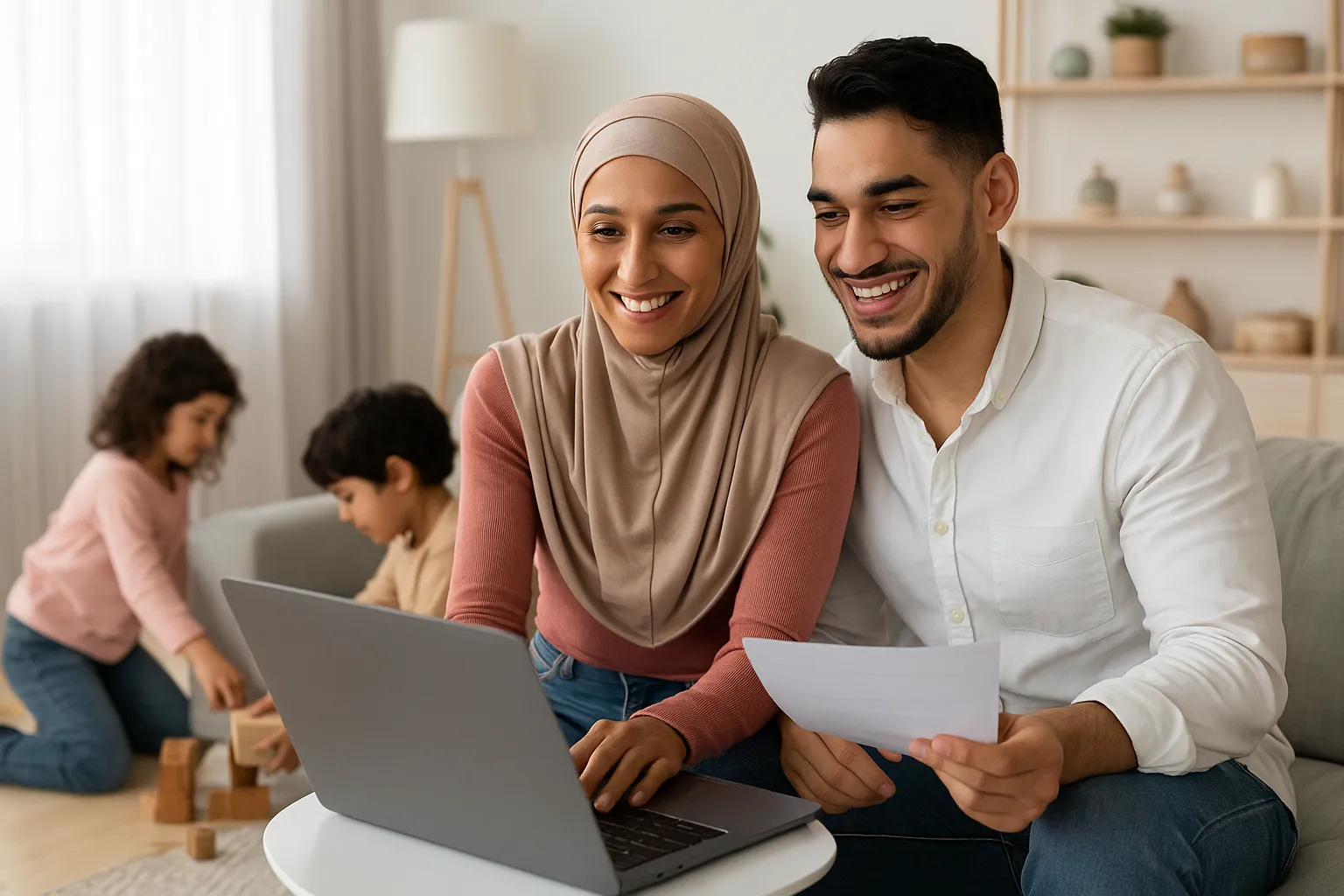 Illustration: Smiling parents compare medical insurance quotes on a laptop while two small children play nearby, representing a UAE family researching coverage costs at home.