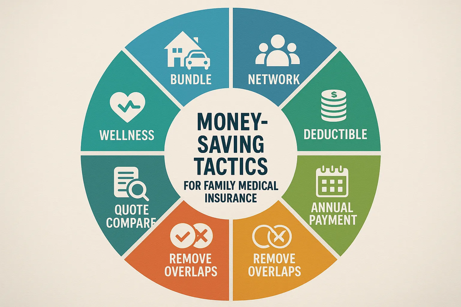 Infographic: Wheel diagram showing seven money-saving tactics for family medical insurance &ndash; bundle, network, deductible, annual payment, wellness, quote compare, remove overlaps.