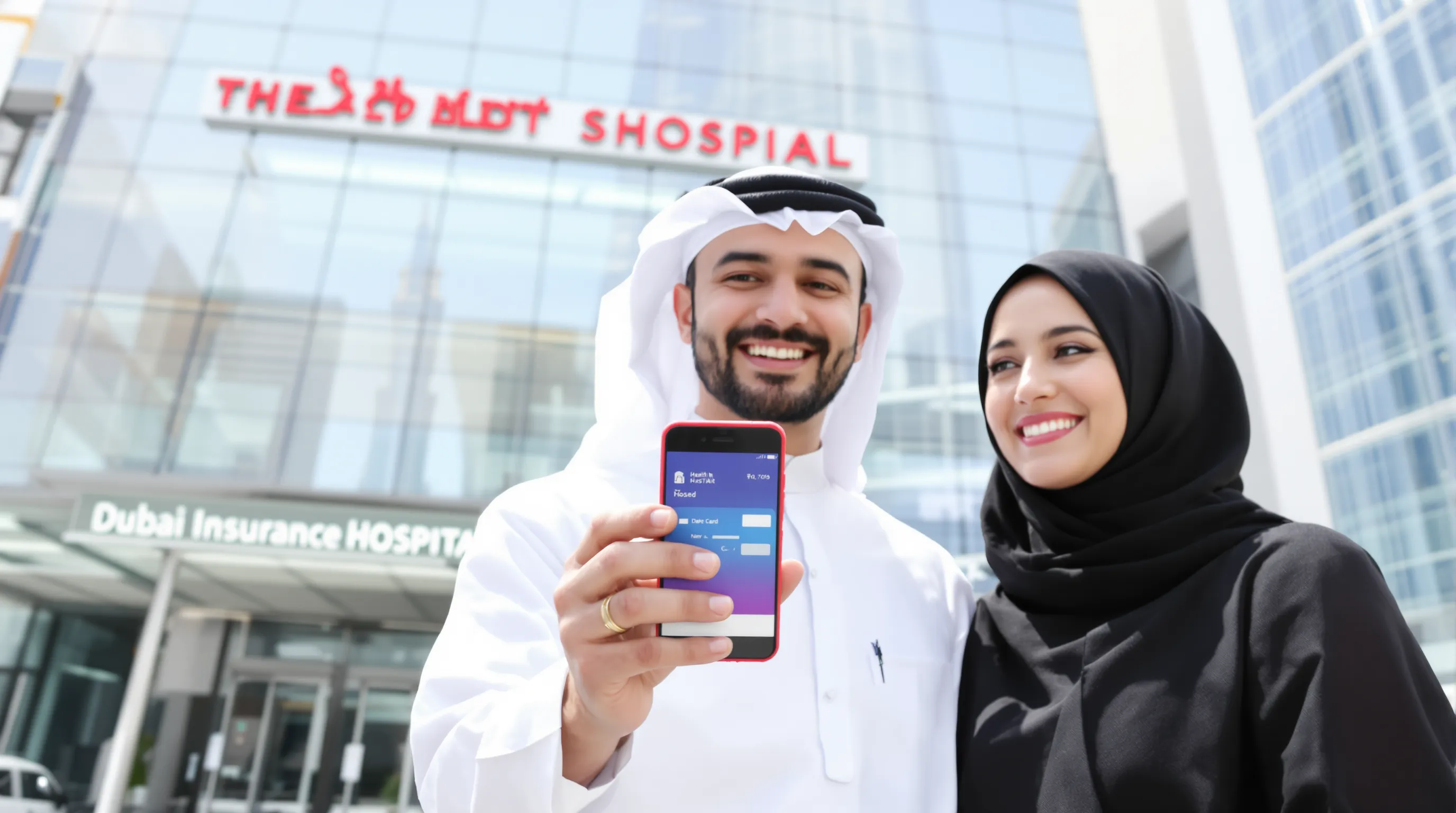 A smiling Emirati couple show a digital health-insurance card on a smartphone outside a modern Dubai hospital with the Burj Khalifa visible in the background.
