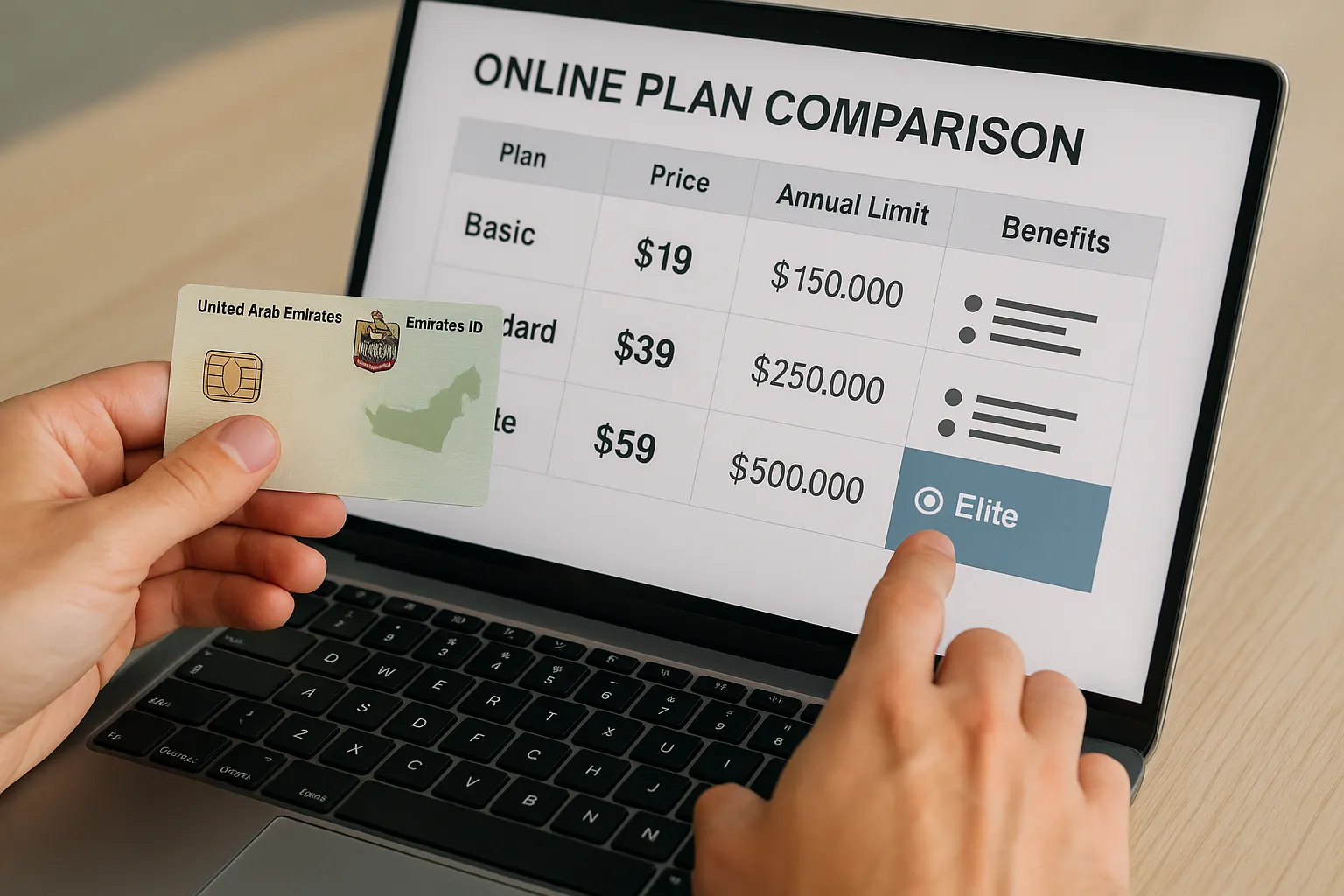 Illustration of a laptop displaying an online plan-comparison screen with columns for price, annual limit, and benefits. A user selects the Elite plan while holding an Emirates ID.