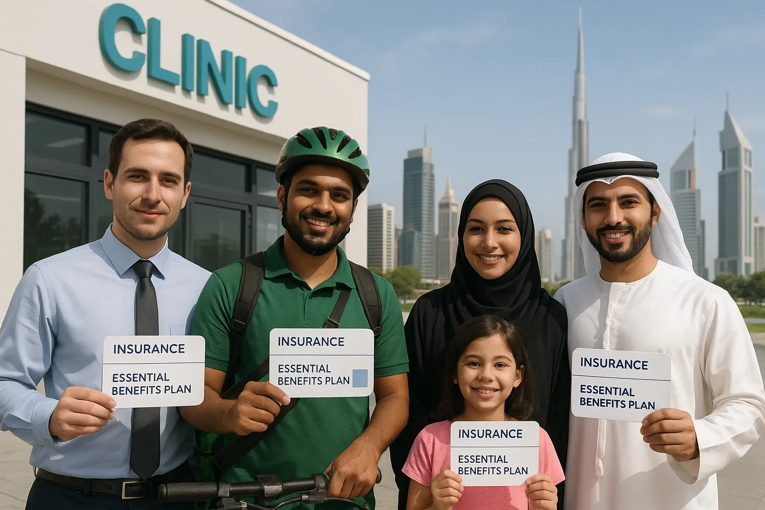 Illustration of a diverse group of Dubai residents&mdash;an office worker, delivery rider, family of four&mdash;standing in front of a clinic, each holding a simplified insurance card labeled &ldquo;Essential Benefits Plan&rdquo;, with the Dubai skyline in the background.