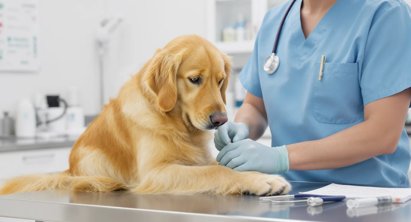 Golden retriever sitting calmly on a stainless-steel veterinary examination table while a veterinarian in blue scrubs gently examines its paw, with medical equipment and charts visible in a well-lit clinic room.