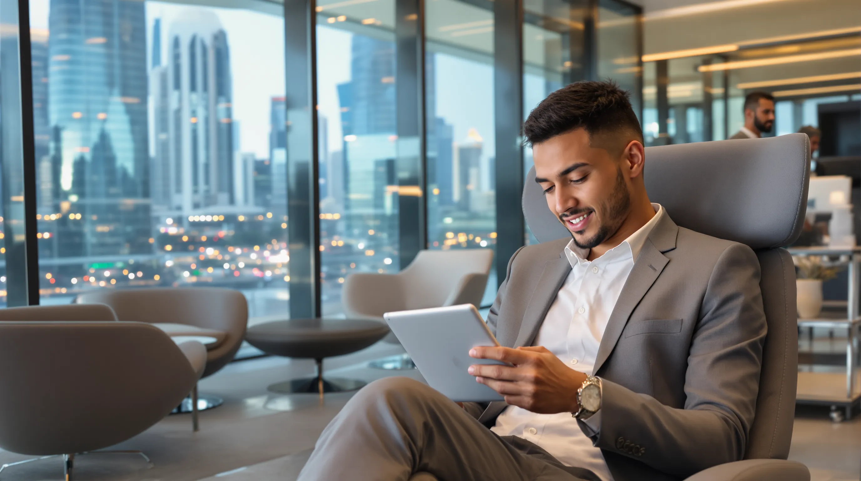 Young professional having a video telemedicine consultation on a tablet while relaxing in a modern Dubai co-working lounge.