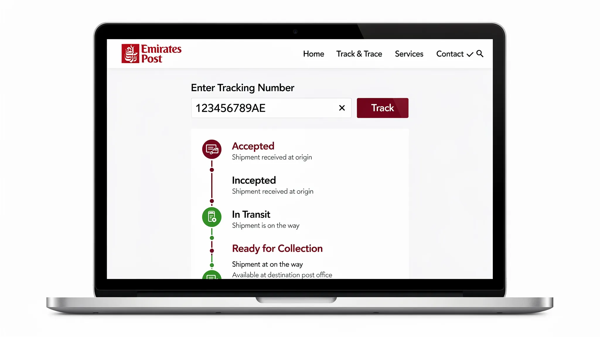 A screenshot-style view of an Emirates Post tracking page, showing a tracking number input box, a &ldquo;Track&rdquo; button, and a timeline of shipment events such as &ldquo;Accepted,&rdquo; &ldquo;In Transit,&rdquo; and &ldquo;Ready for Collection.&rdquo;