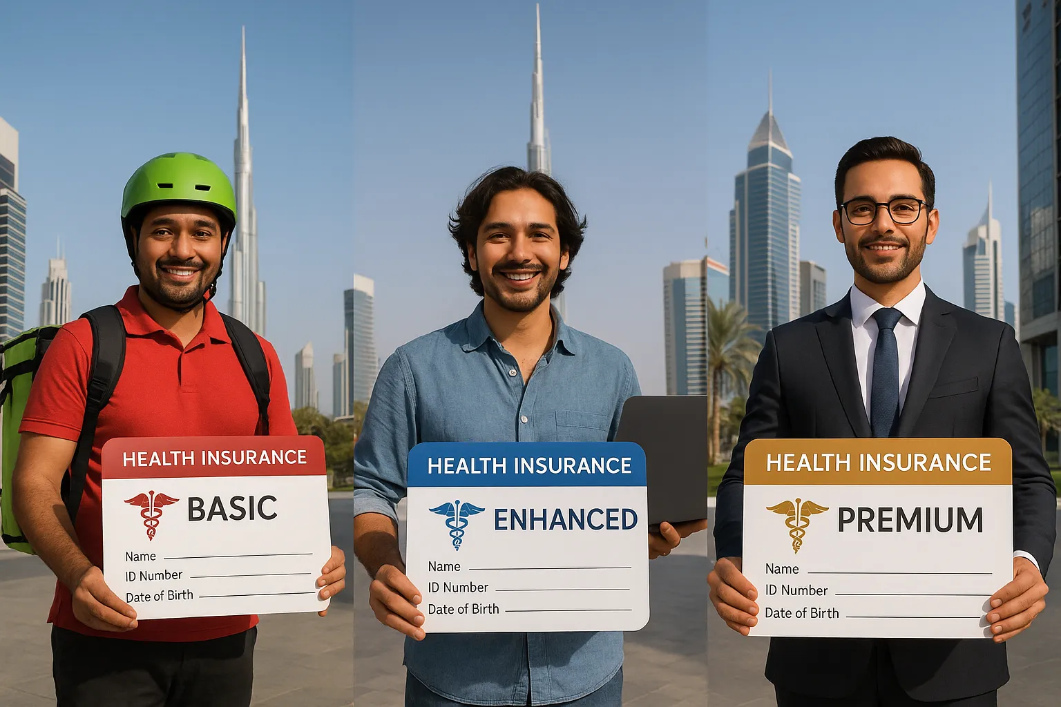 A collage showing three Dubai residents (delivery rider, freelancer with laptop, executive in suit) each holding a large health-insurance card in front of iconic city landmarks like Burj Khalifa, symbolising different plan tiers&mdash;basic, enhanced, premium.