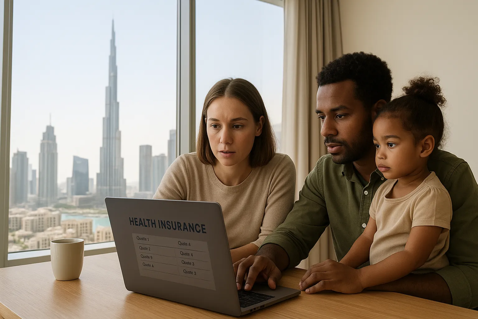 A young multicultural family sits around a dining table in a bright Dubai apartment, reviewing health-insurance quotes on a laptop while the Burj Khalifa is visible through the window, symbolising informed decision-making.