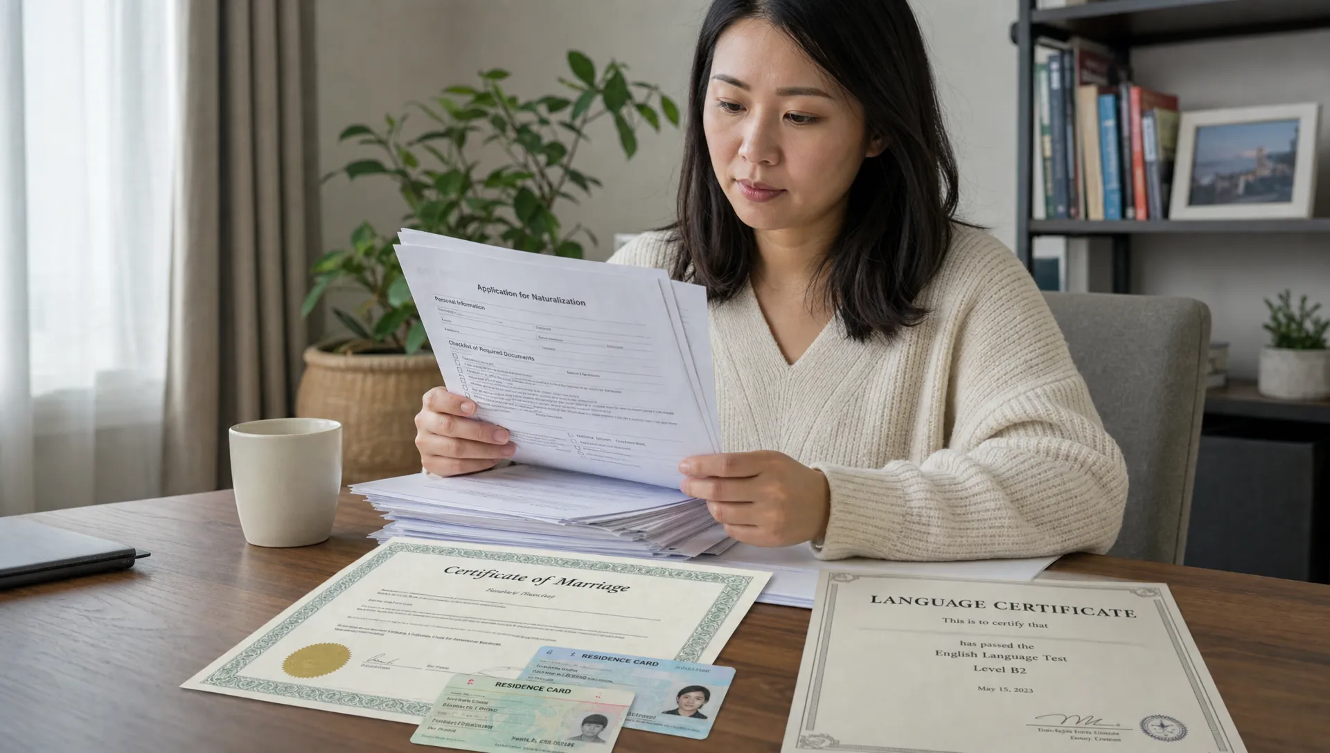 A foreign spouse reviews a stack of citizenship papers with a marriage certificate, residence cards and a language certificate on a desk.