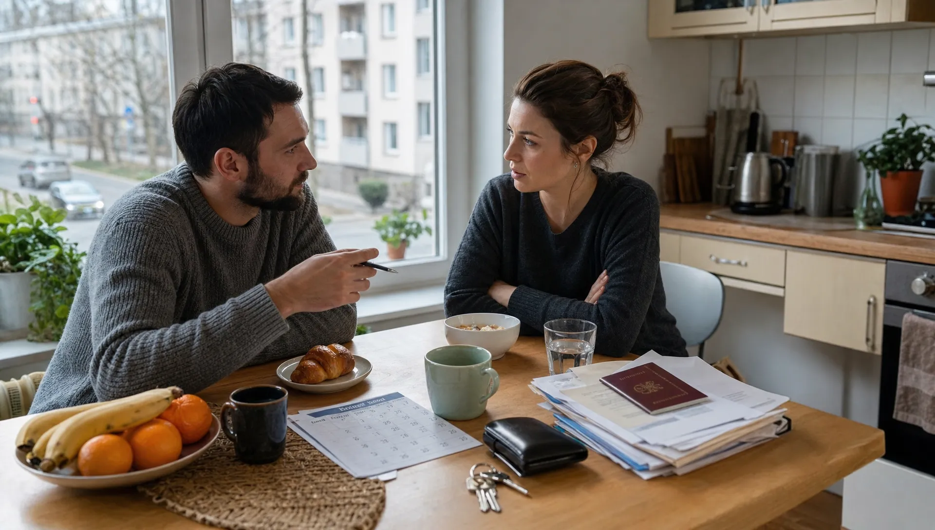 A foreign spouse and Polish partner discuss citizenship by marriage plans over breakfast in a neighborhood kitchen.