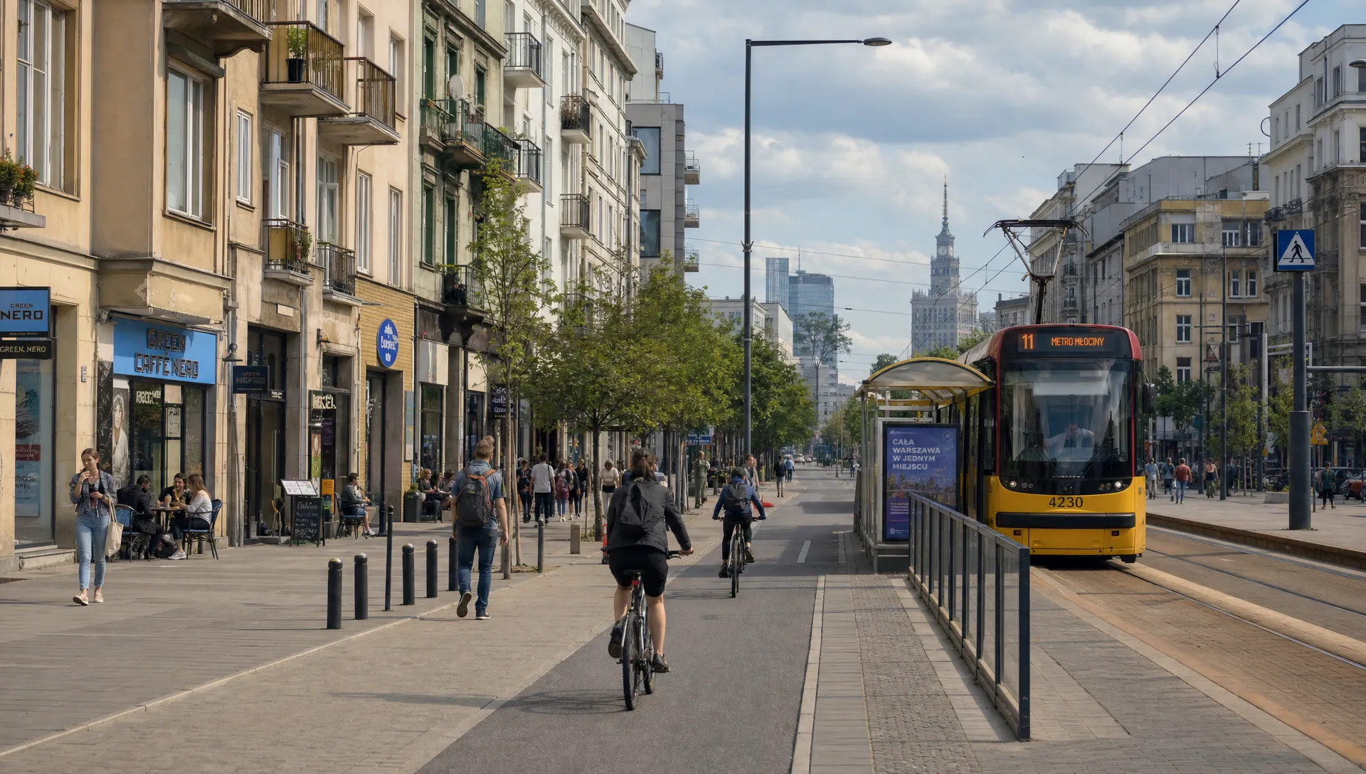 A Warsaw street with apartment buildings, a tram stop, cyclists and small shops shows daily city life for British expats.