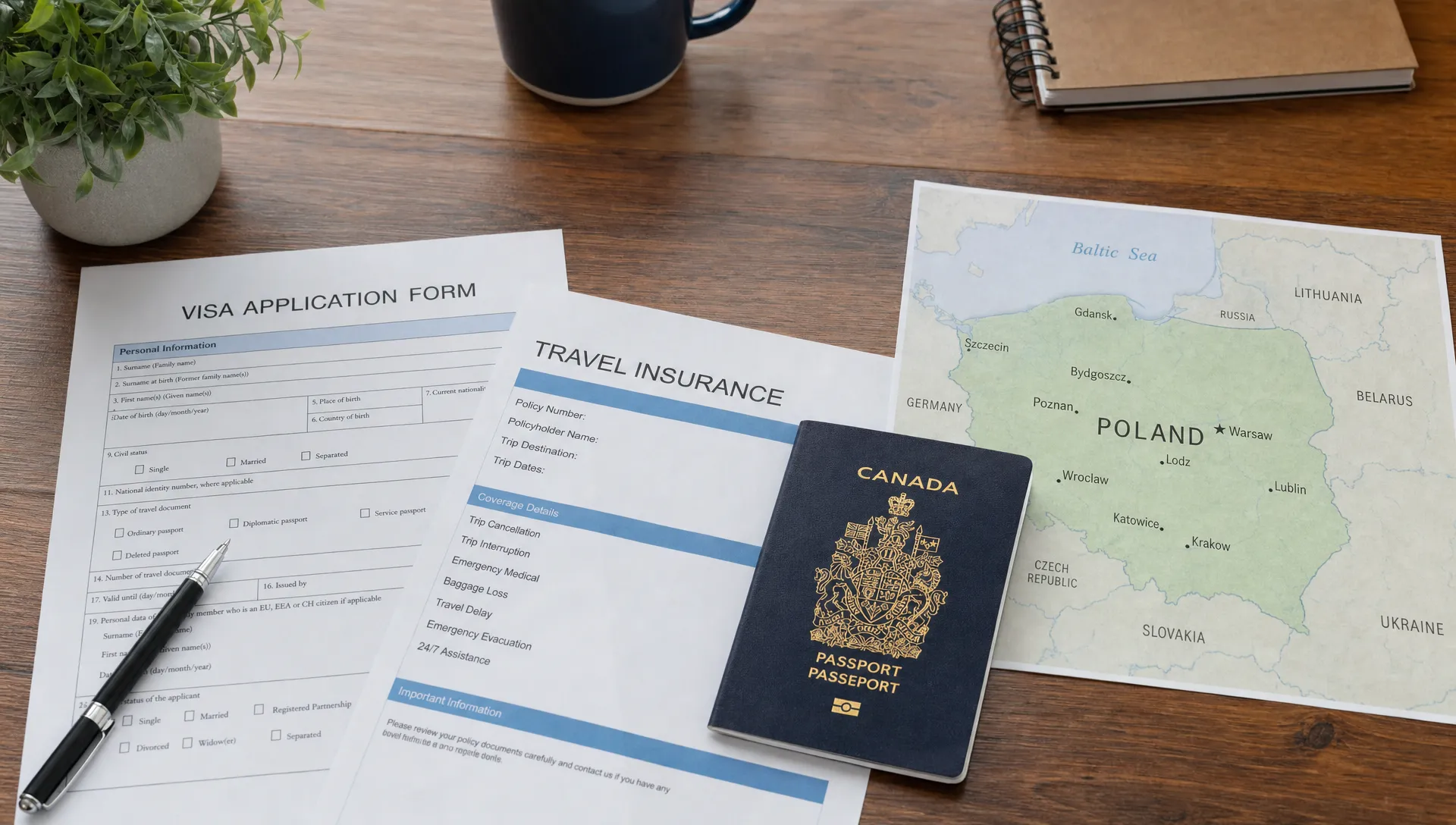 A tidy desk with a Canadian passport, visa forms, travel insurance papers and a map of Poland beside the documents.