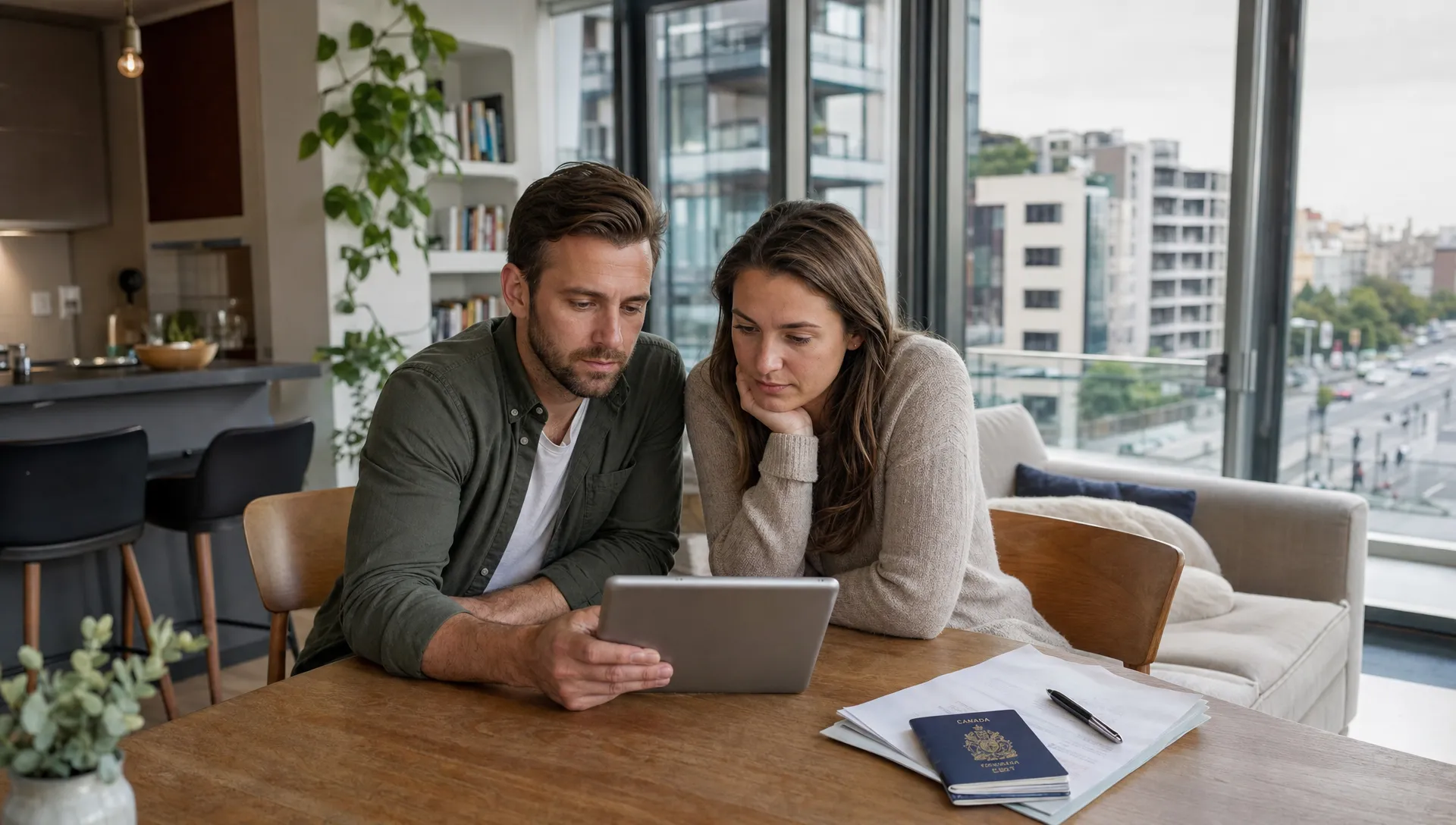 A Canadian couple reviews a Poland visa plan on a tablet in a bright Warsaw apartment.