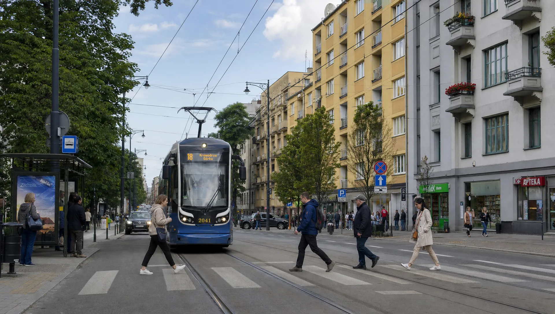 A Polish city street with tram tracks, mid-rise apartment buildings, trees, small shops and pedestrians crossing near a tram stop.