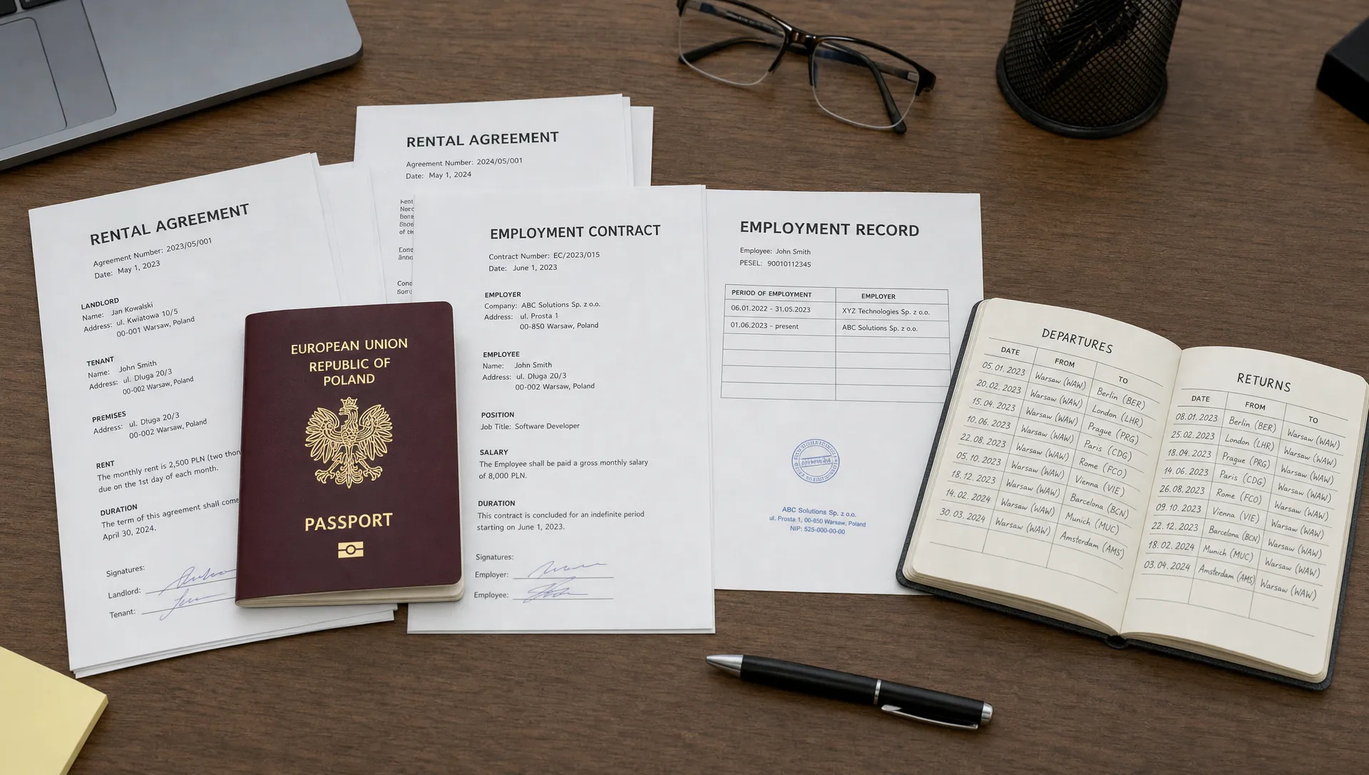 Documents for permanent residence in Poland arranged on a desk, including an EU passport, dated rental agreements, employment records and a notebook of departures and returns.
