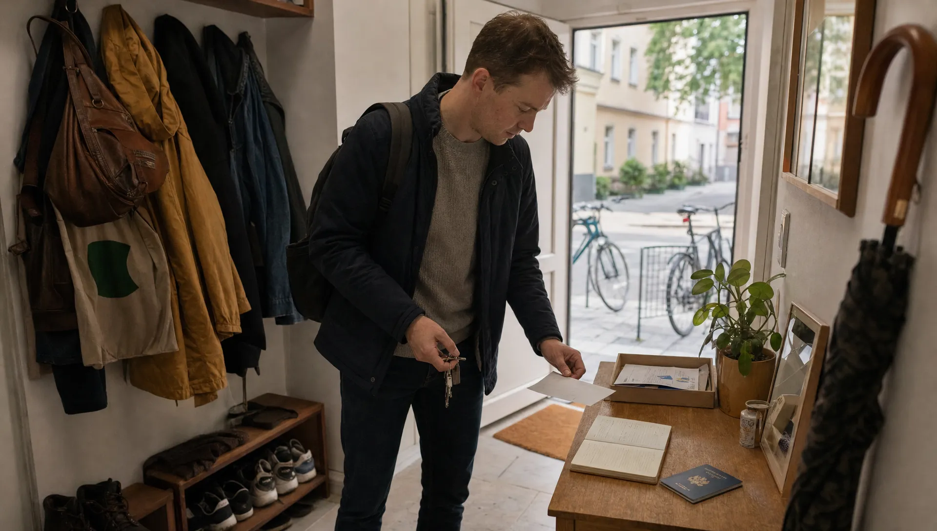 An apartment entryway with keys, papers and a notebook shows the everyday side of planning permanent residence in Poland.