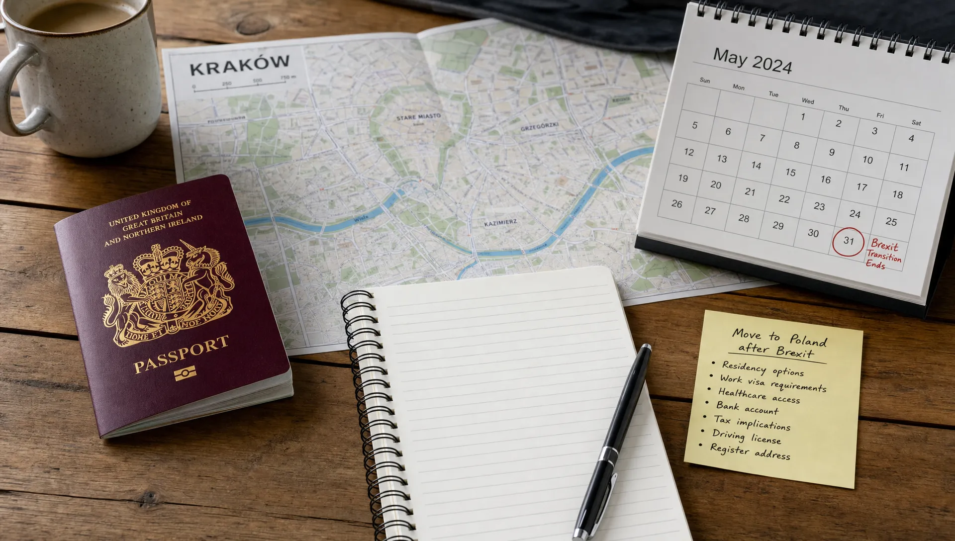 A British passport, a Polish city map, blank notes and a calendar sit on a table as someone plans a move to Poland after Brexit.