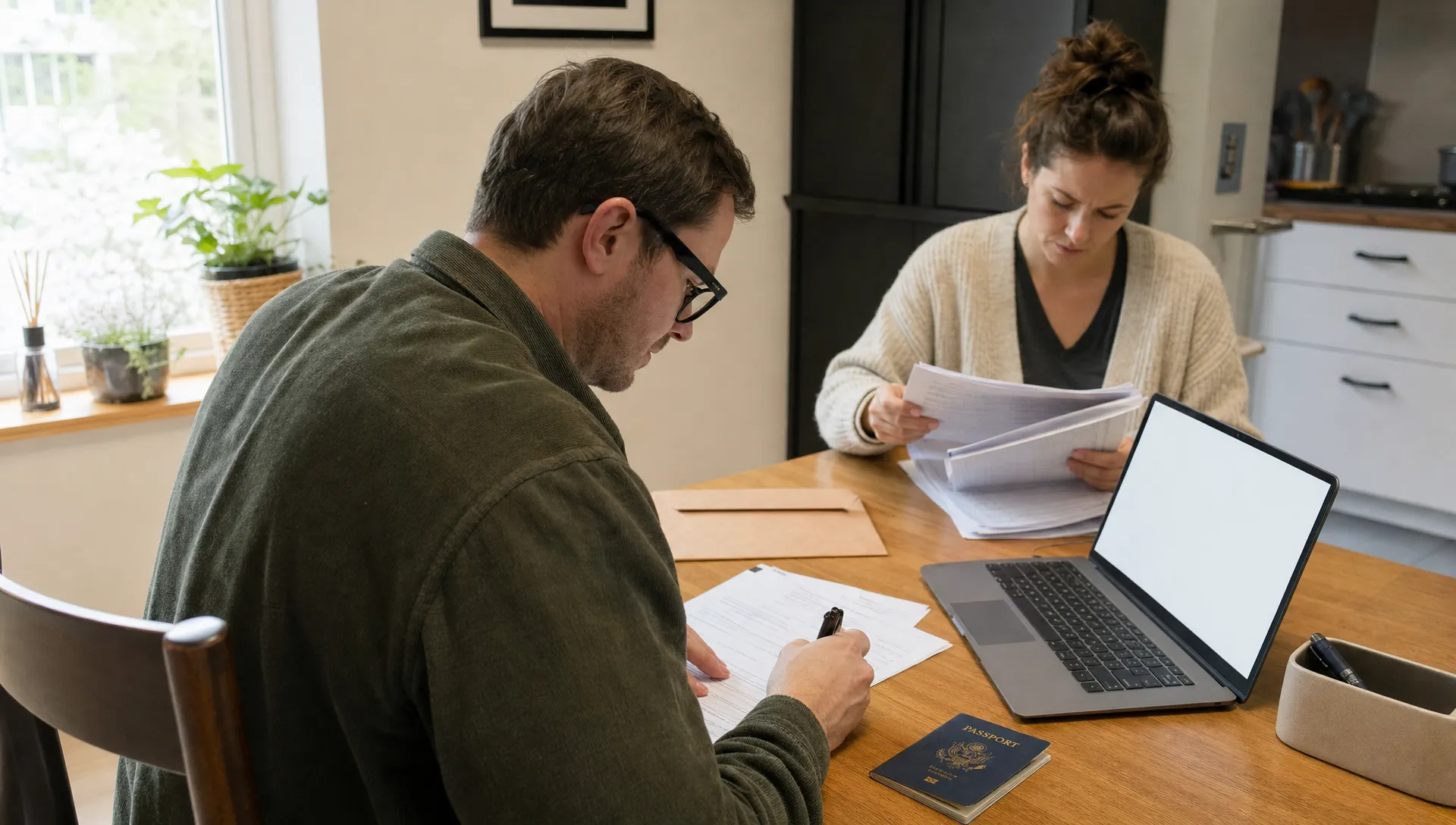 An adult fills in relocation paperwork beside a passport while planning the move to Poland at home.