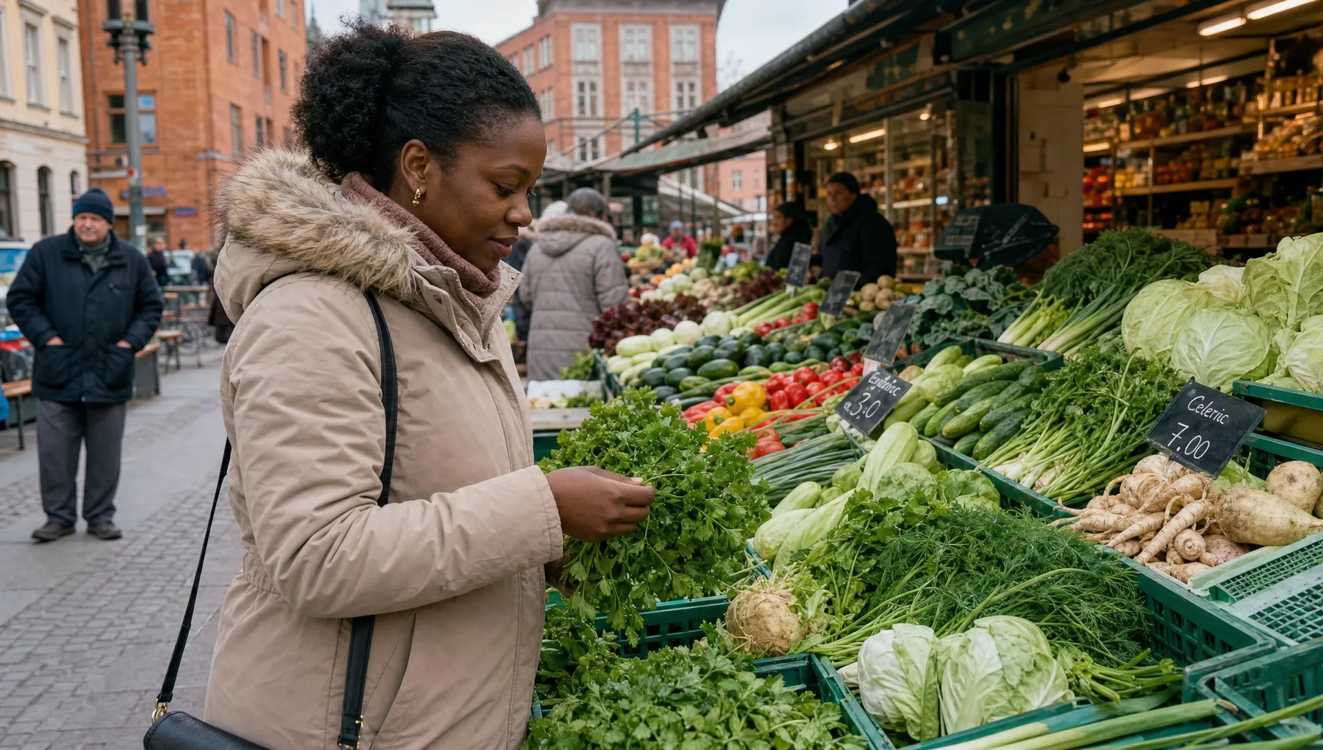 A Nigerian resident wearing a winter coat shops for vegetables at a neighborhood market in Wrocław.