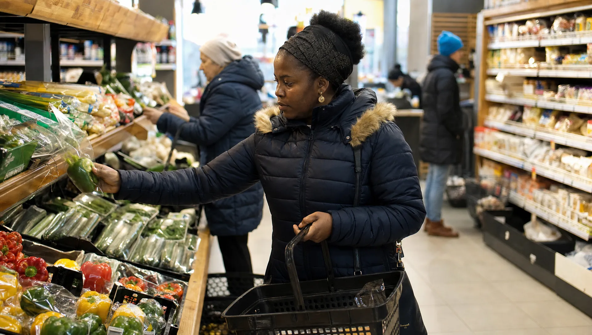 A Nigerian resident shops for vegetables and groceries in a neighborhood Polish supermarket.