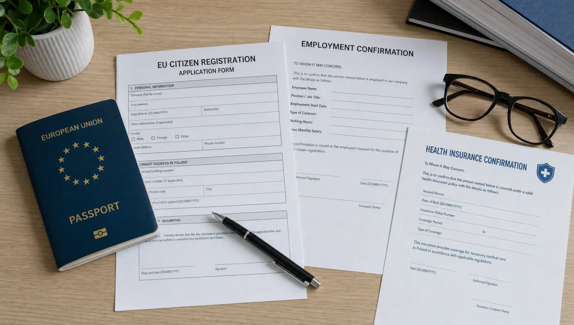 A passport, application form, employment confirmation and health insurance papers are laid out on a desk for EU citizen registration in Poland.