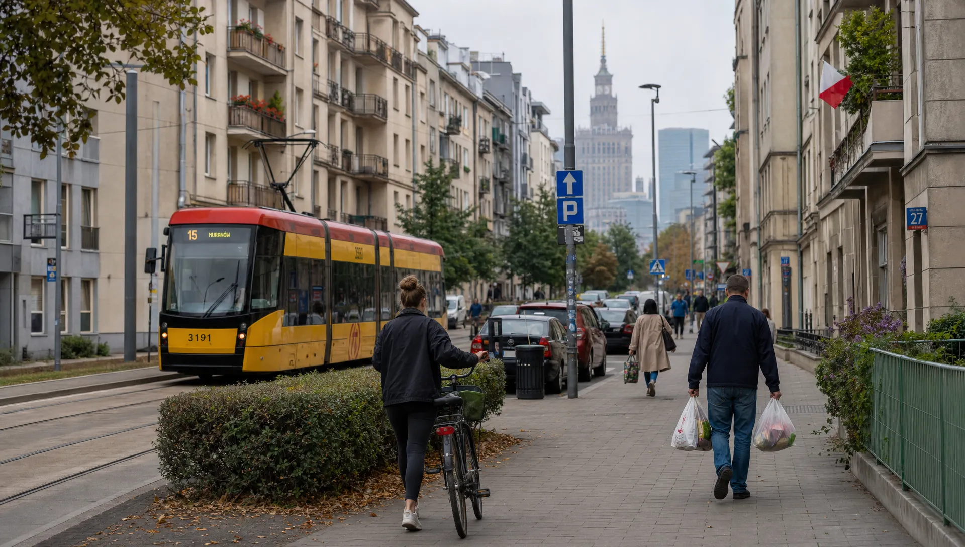 A Polish residential street shows apartment blocks, tram tracks, bicycles and people carrying groceries home.
