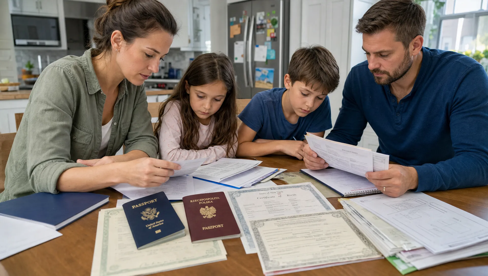 A family organizes dual citizenship documents at home, with US and Polish passports beside civil records and school papers on a kitchen table.