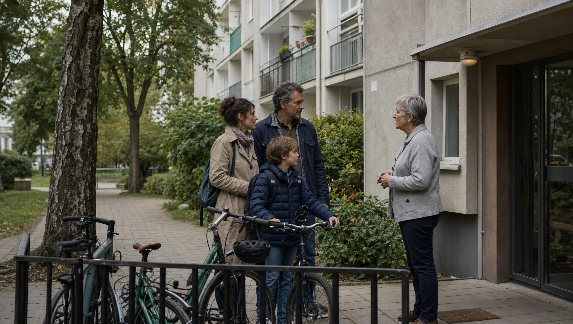 A family talks with a neighbor in their Polish apartment courtyard while considering life and schooling across two countries.