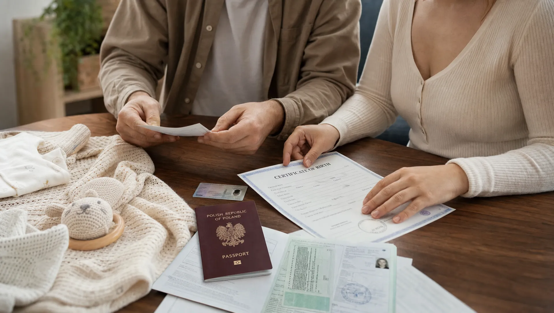 Parents organizing newborn citizenship documents beside a baby blanket, with a birth certificate, identity papers and a Polish passport on the table.