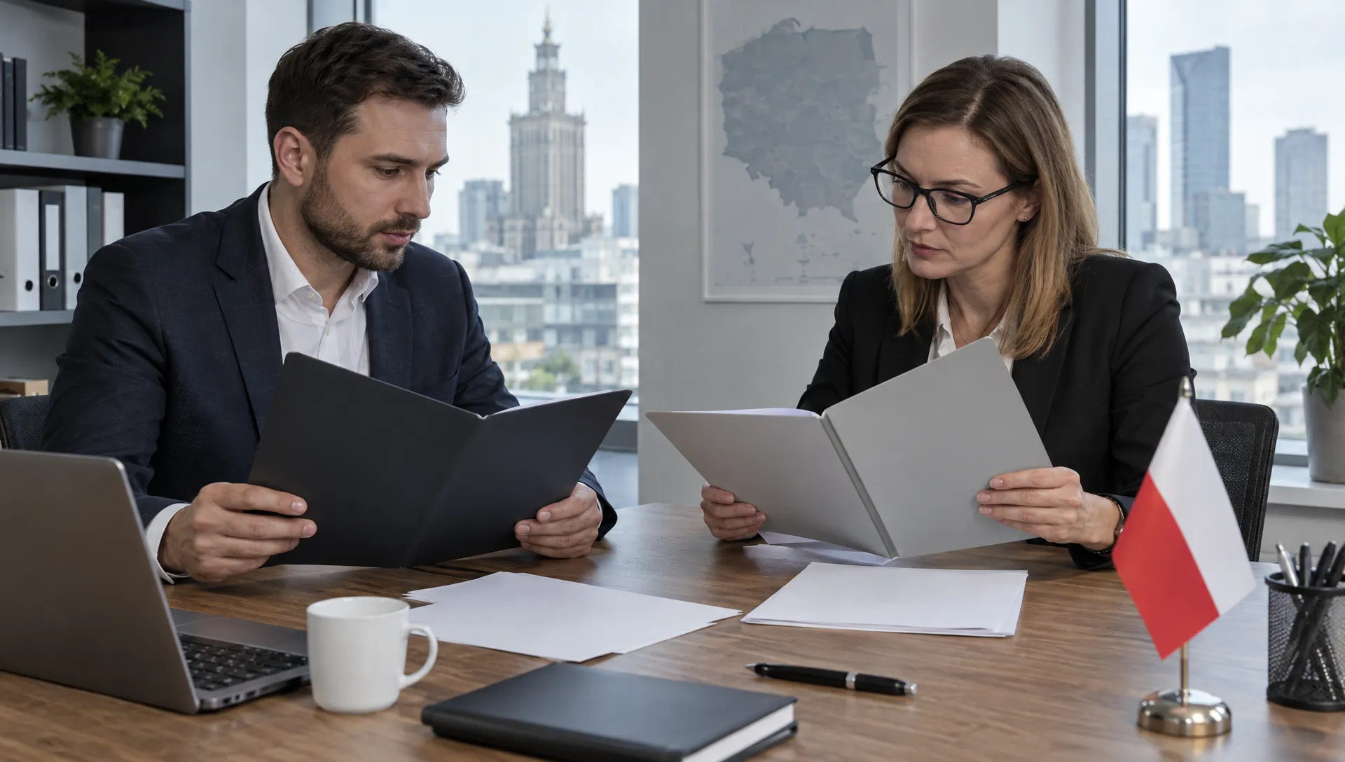 An entrepreneur and adviser compare blank company folders and unmarked financial papers across a meeting table while discussing a Polish business-based residence application.