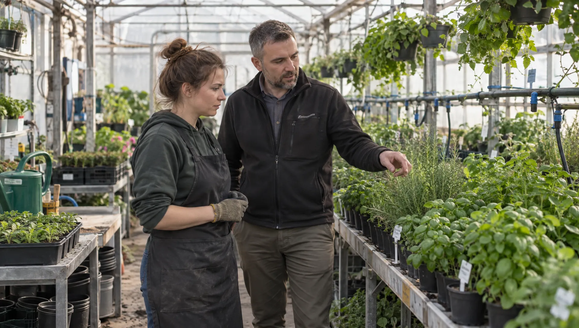 A greenhouse owner talks with an employee among growing herbs, showing the kind of active enterprise behind a business residence application.
