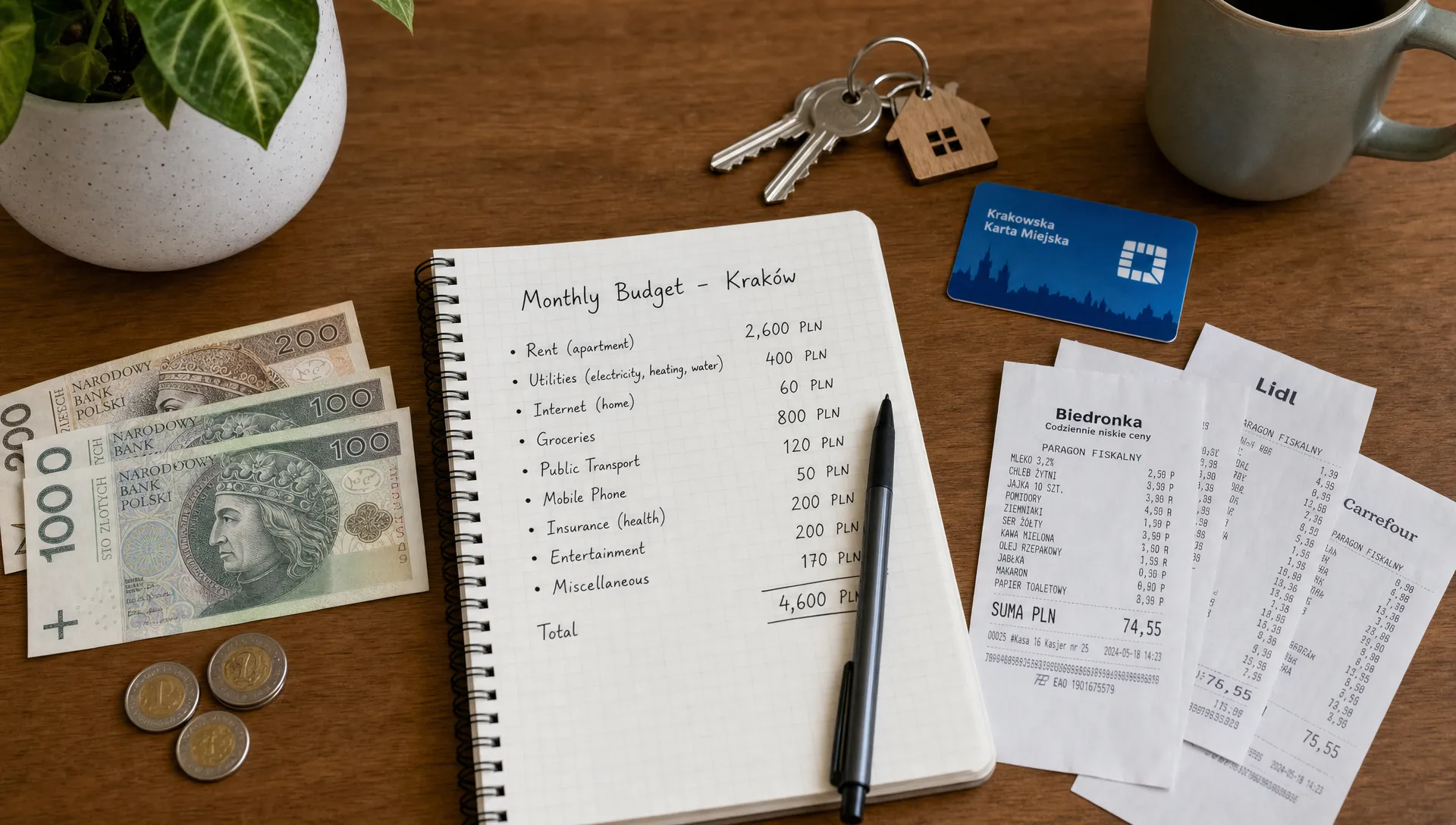 A kitchen table with Polish złoty banknotes, a notebook budget, apartment keys, a public transport card, and grocery receipts arranged for an expat cost of living plan in Poland.