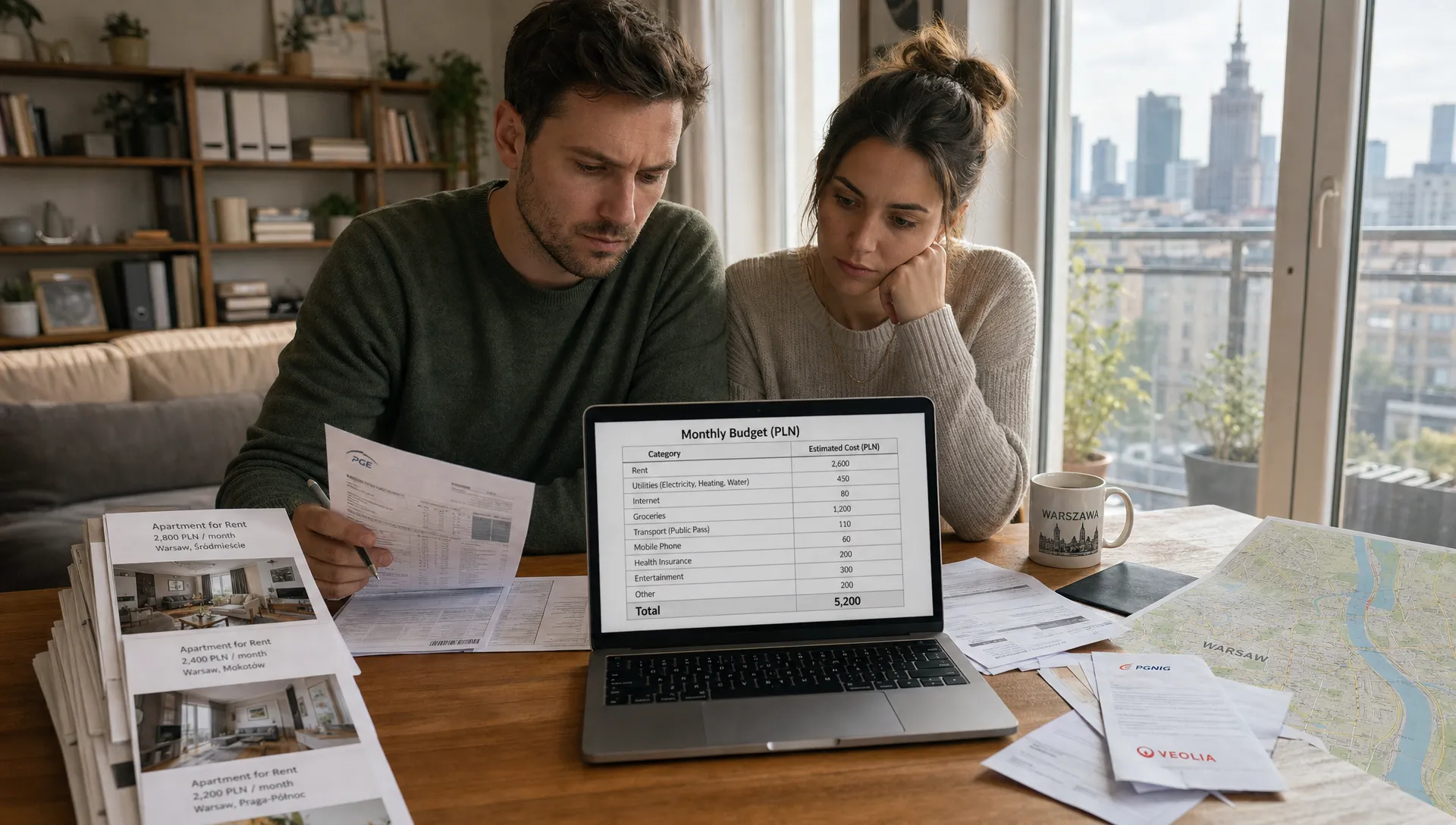 A wide establishing view of a Warsaw apartment interior with a couple at a table comparing monthly expenses in PLN, a laptop facing the camera showing a budget spreadsheet, a stack of rent listings, utility bills, and a city map beside them, suggesting a realistic cost-of-living decision for moving