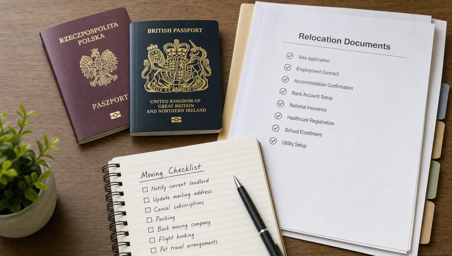 A Polish passport, a British passport and relocation papers sit on a table beside a checklist notebook.
