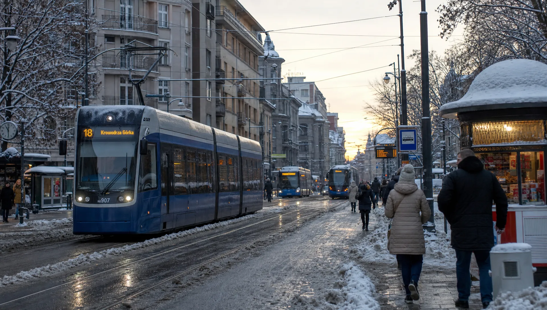 A snowy Polish city street has trams, pedestrians in warm coats, slush and apartment buildings in the late afternoon.