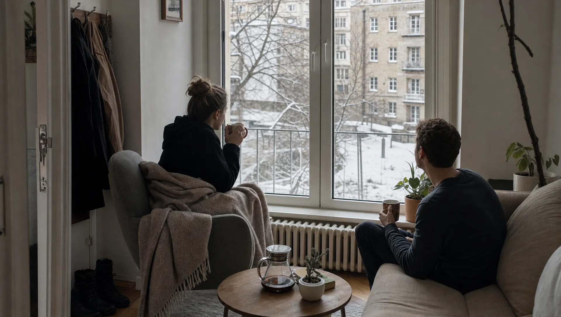 Two adults relax in a warm Polish flat while winter weather is visible outside the window.