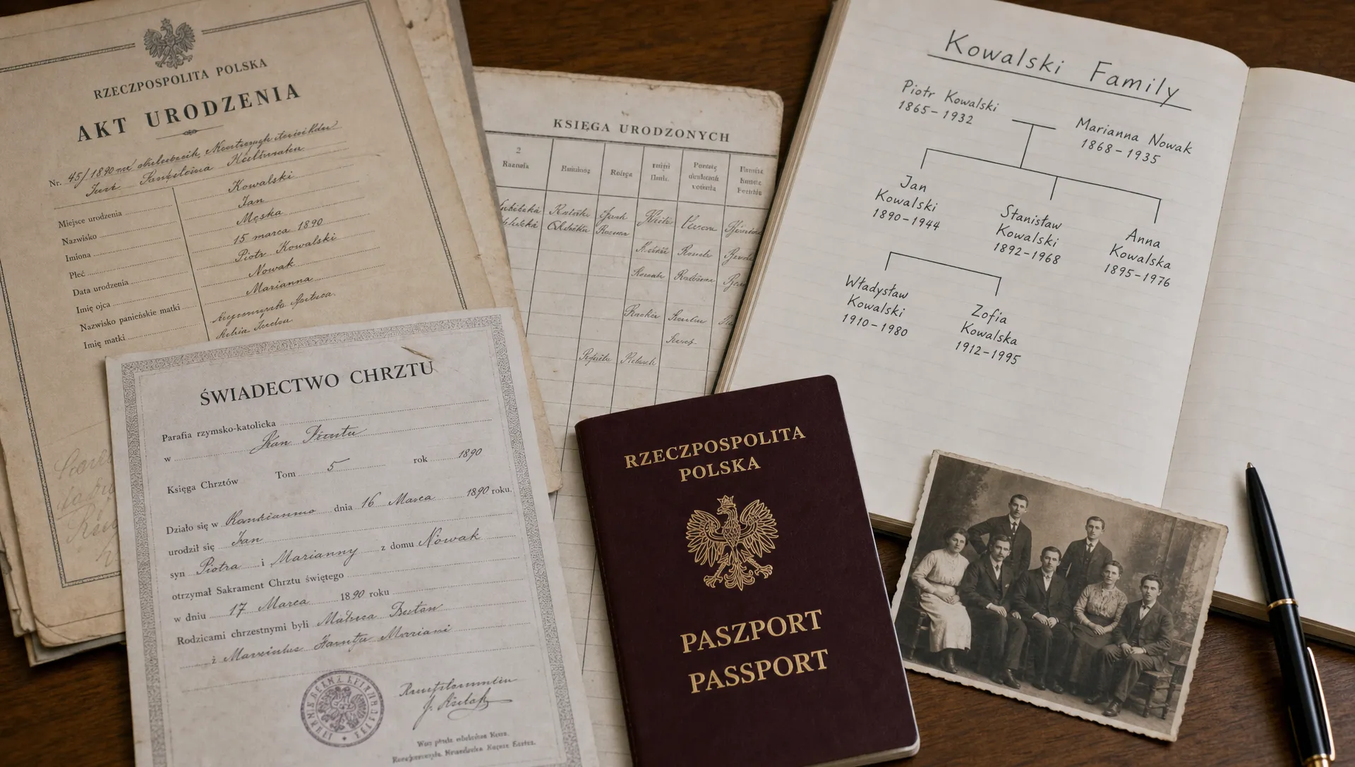 Old Polish family documents, birth records, a passport, and a family tree sketch arranged on a table for citizenship research.