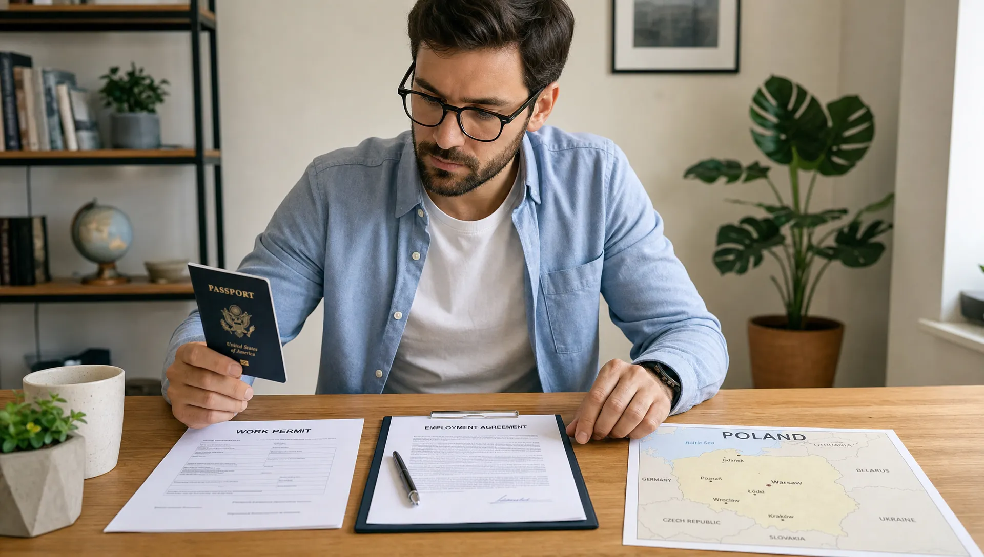 A foreign professional sits at a wooden table reviewing a passport, a work permit document, a signed contract and a map of Poland.