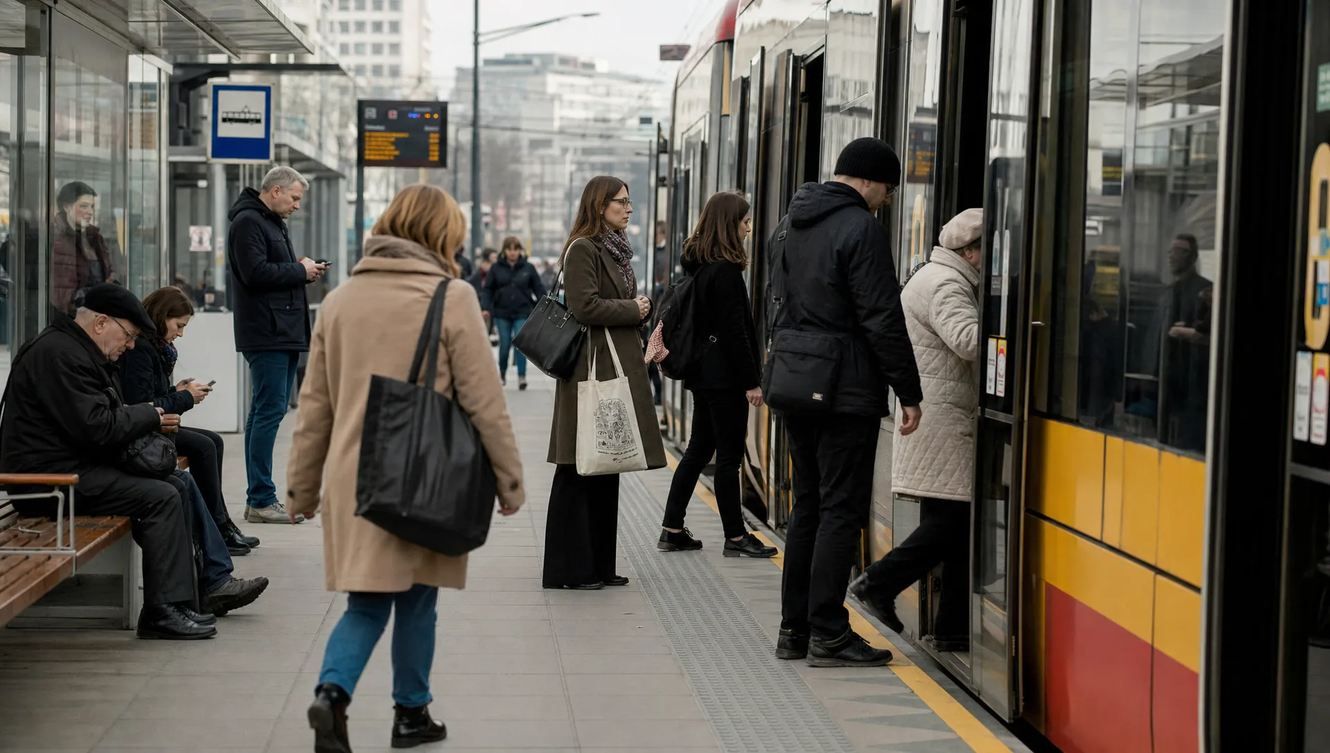 Commuters wait on a Warsaw tram platform as part of the daily routine of living and working in Poland.