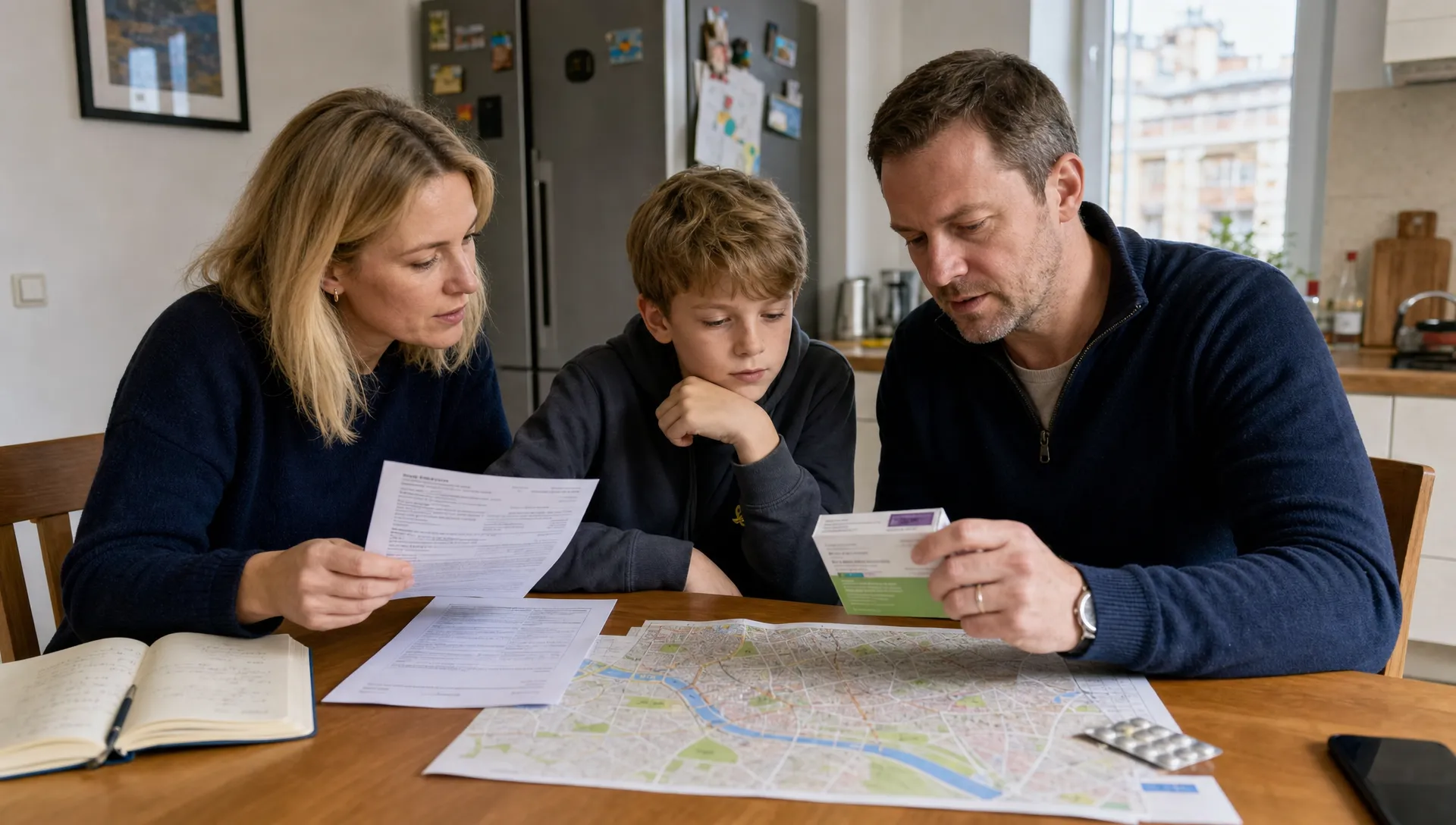 A British family reviews healthcare notes, a city map, and a prescription box at a kitchen table in Poland.