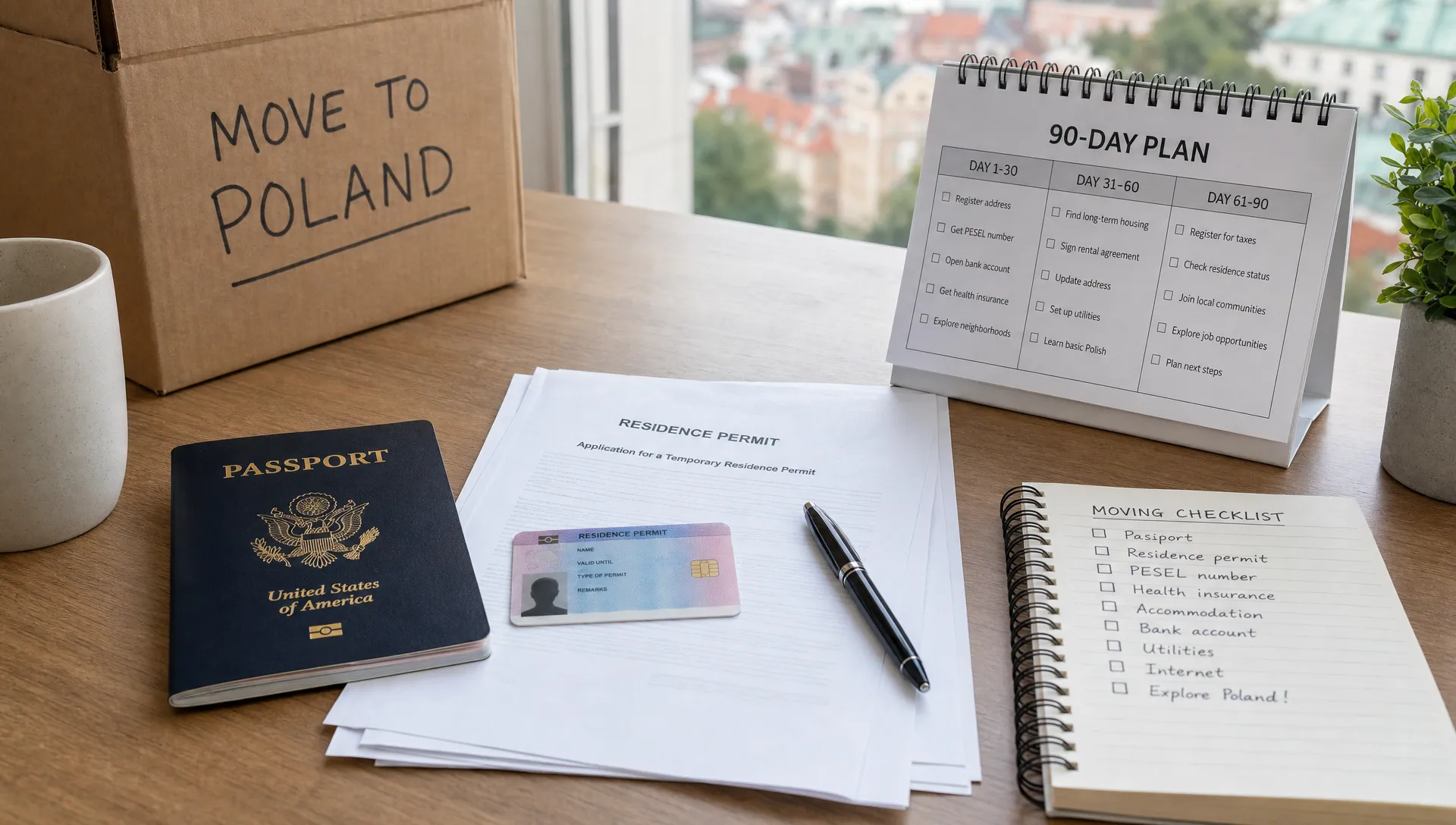 A passport, residence papers and a 90-day calendar sit on a planning desk before a move to Poland.