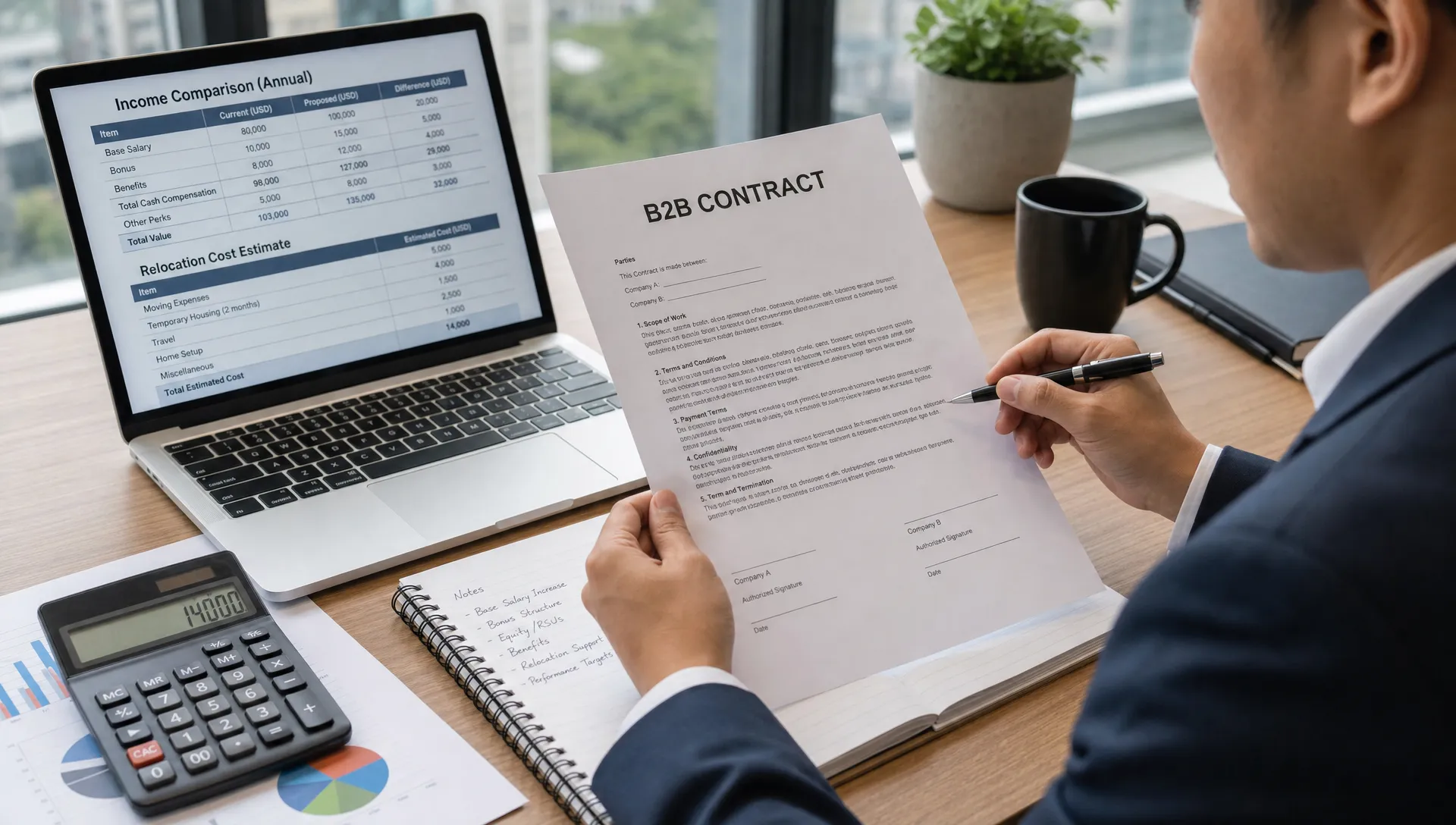 A professional reviews a B2B contract, laptop, notebook and calculator while comparing income and relocation costs before signing.